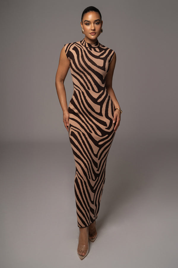 Brown Abstract Print Edel Mock Maxi Dress - JLUXLABEL