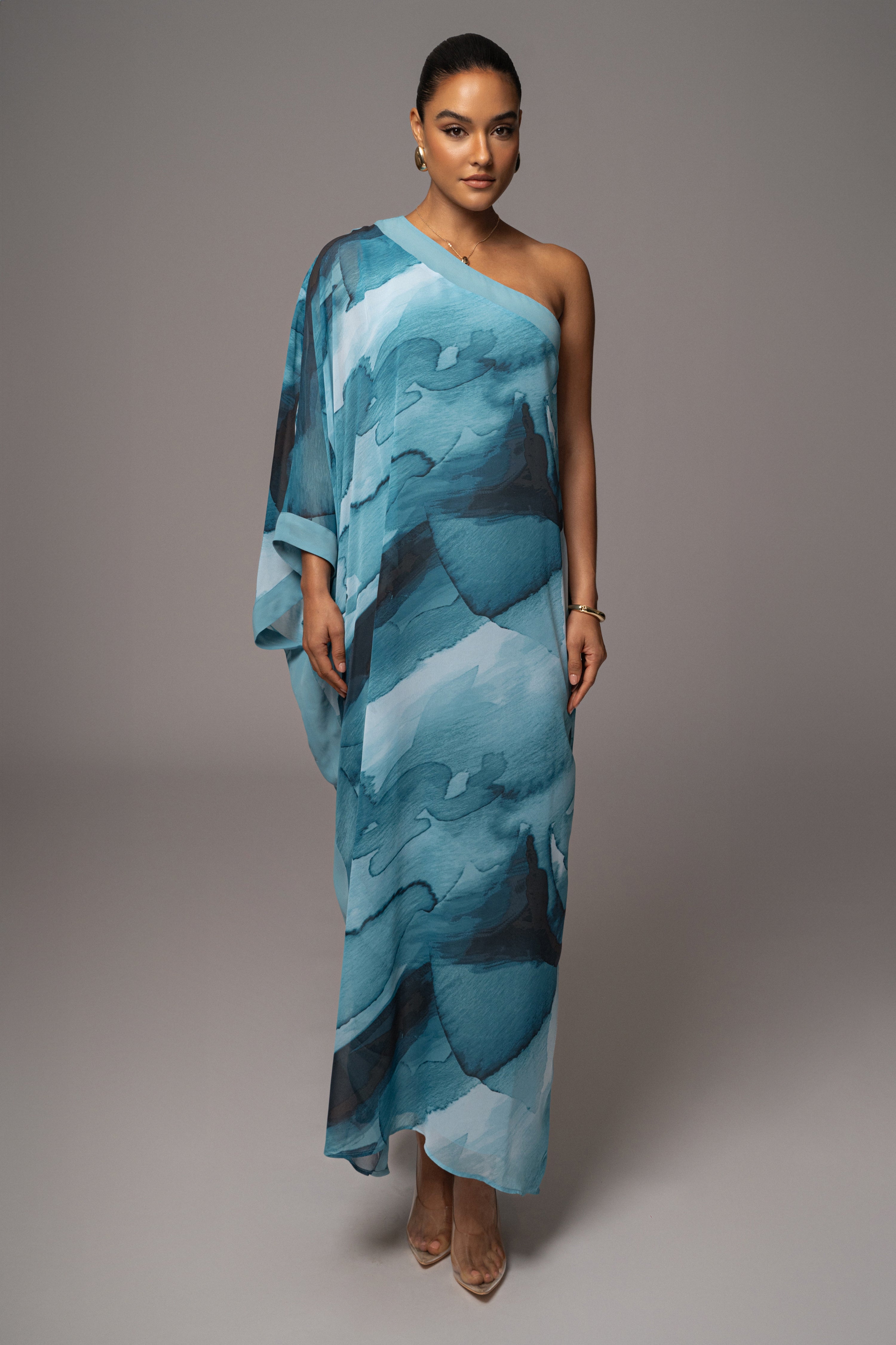 Blue Abstract Mariel One Shoulder Maxi Dress - JLUXLABEL