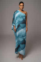 Blue Abstract Mariel One Shoulder Maxi Dress - JLUXLABEL