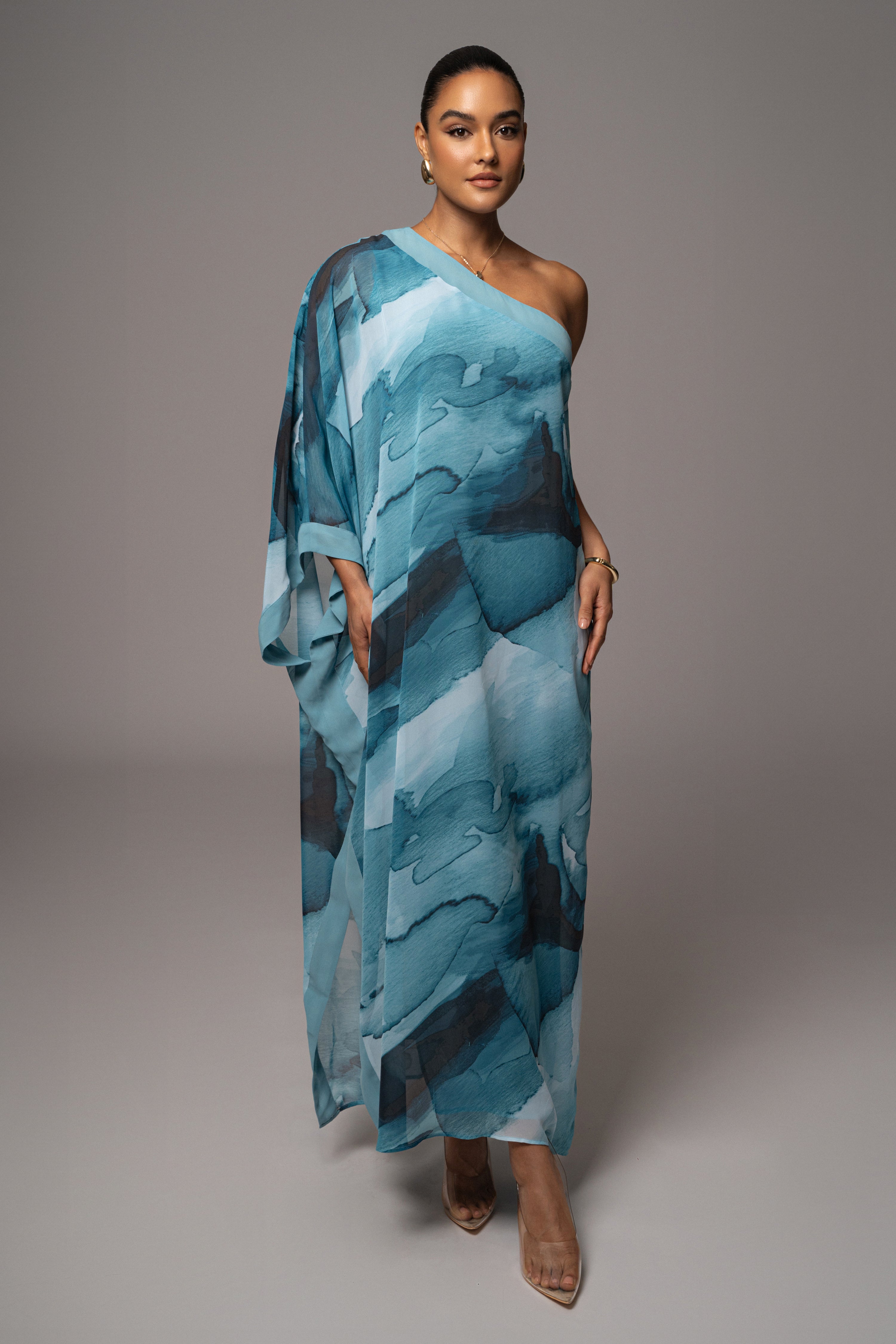 Blue Abstract Mariel One Shoulder Maxi Dress - JLUXLABEL