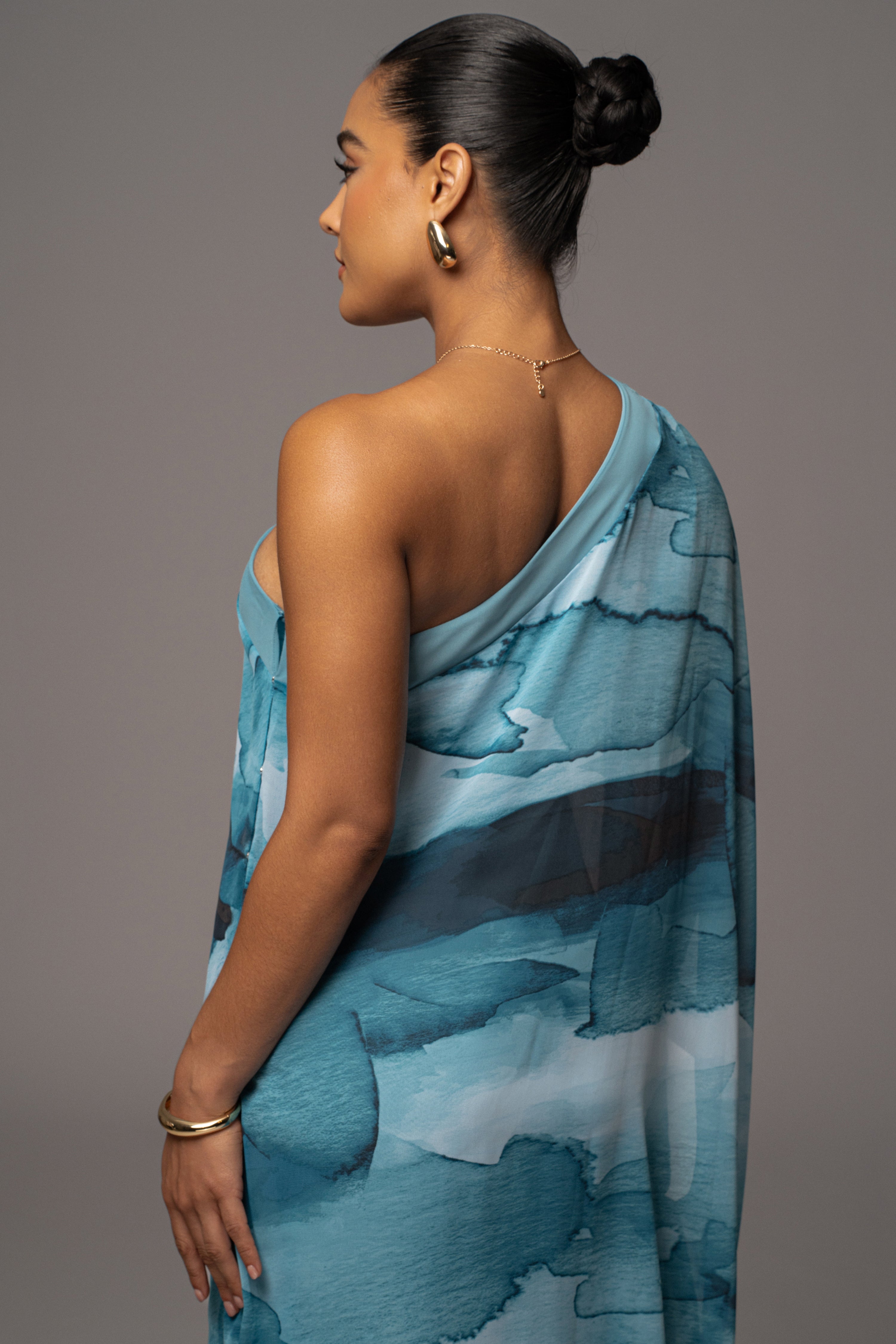 Blue Abstract Mariel One Shoulder Maxi Dress - JLUXLABEL