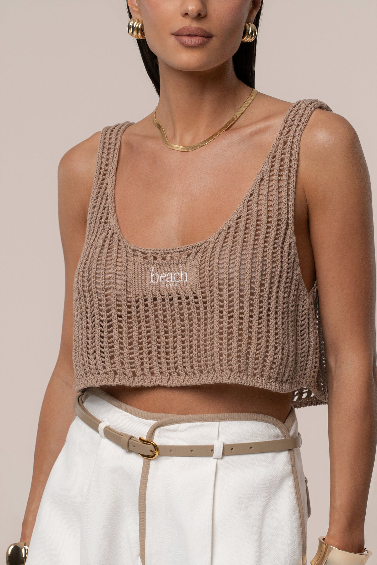 Beige JLUXLABEL Beach Club crochet top with off-shoulder design, lightweight and stylish for summer beachwear.