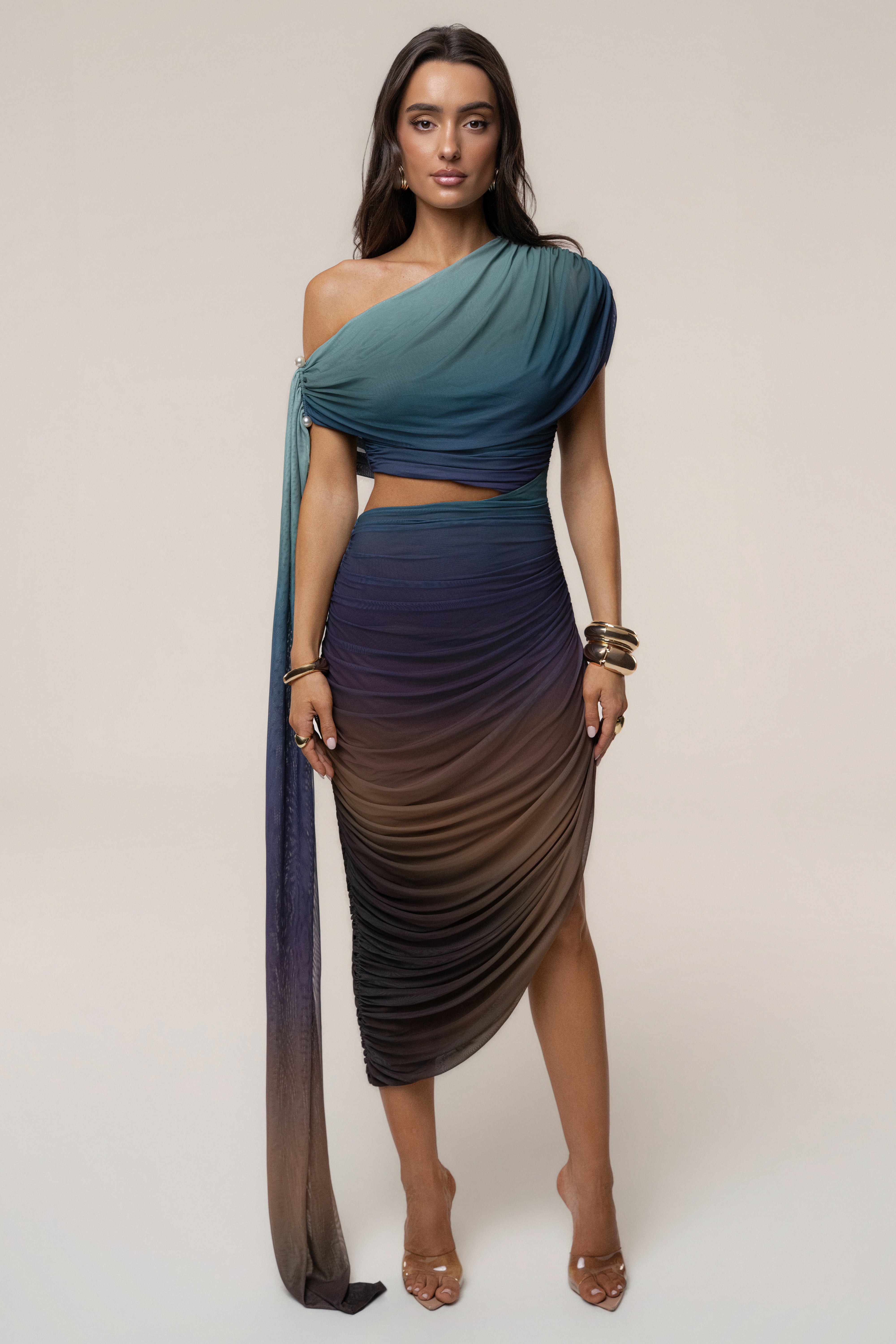 JLUXLABEL Lunar Shadow Aris cutout midi dress shown on a model, featuring a fitted silhouette and stylish cutout details.