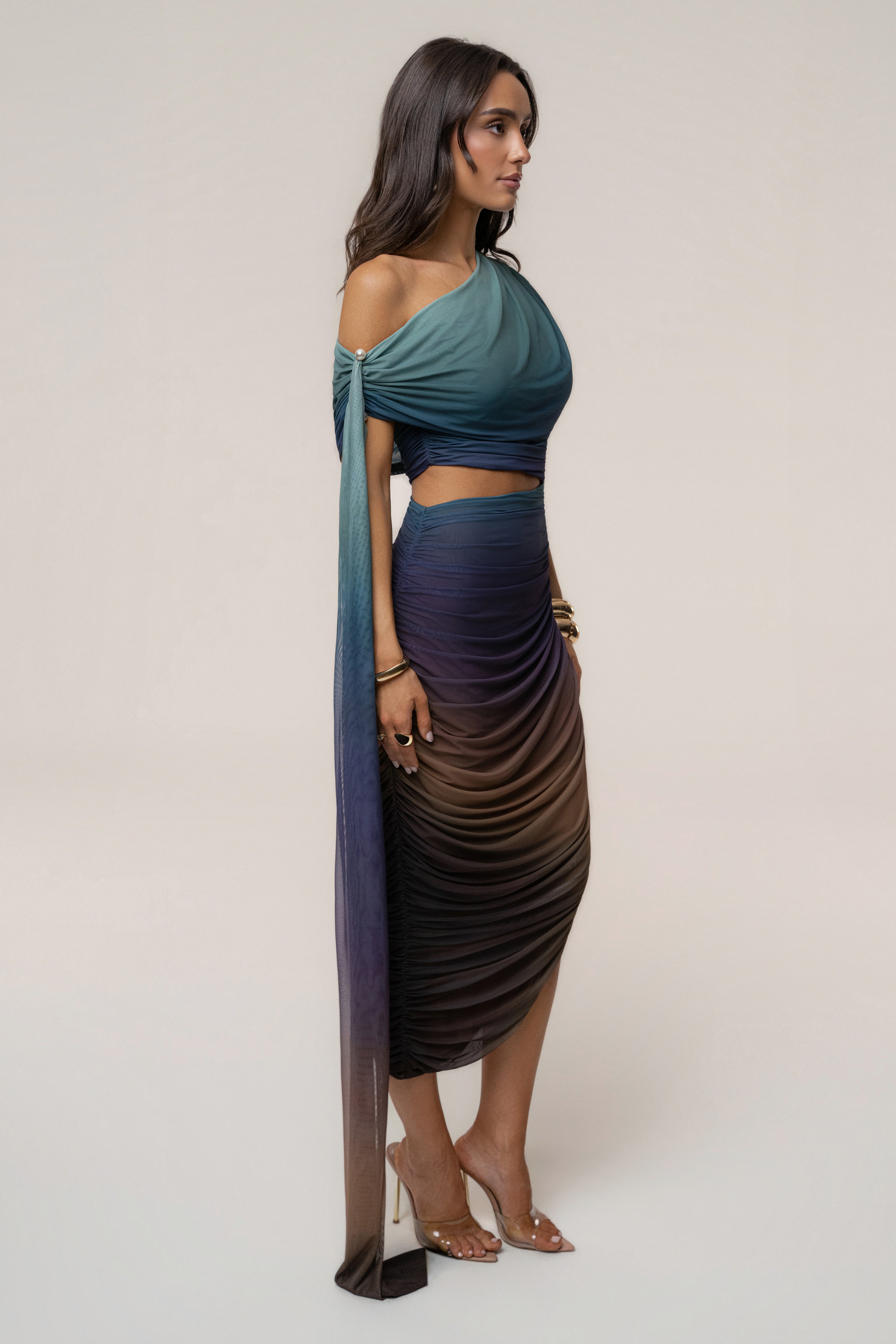 Lunar Shadow Aris cutout midi dress by JLUXLABEL featuring a stylish silhouette with cutout details and a flowing design.