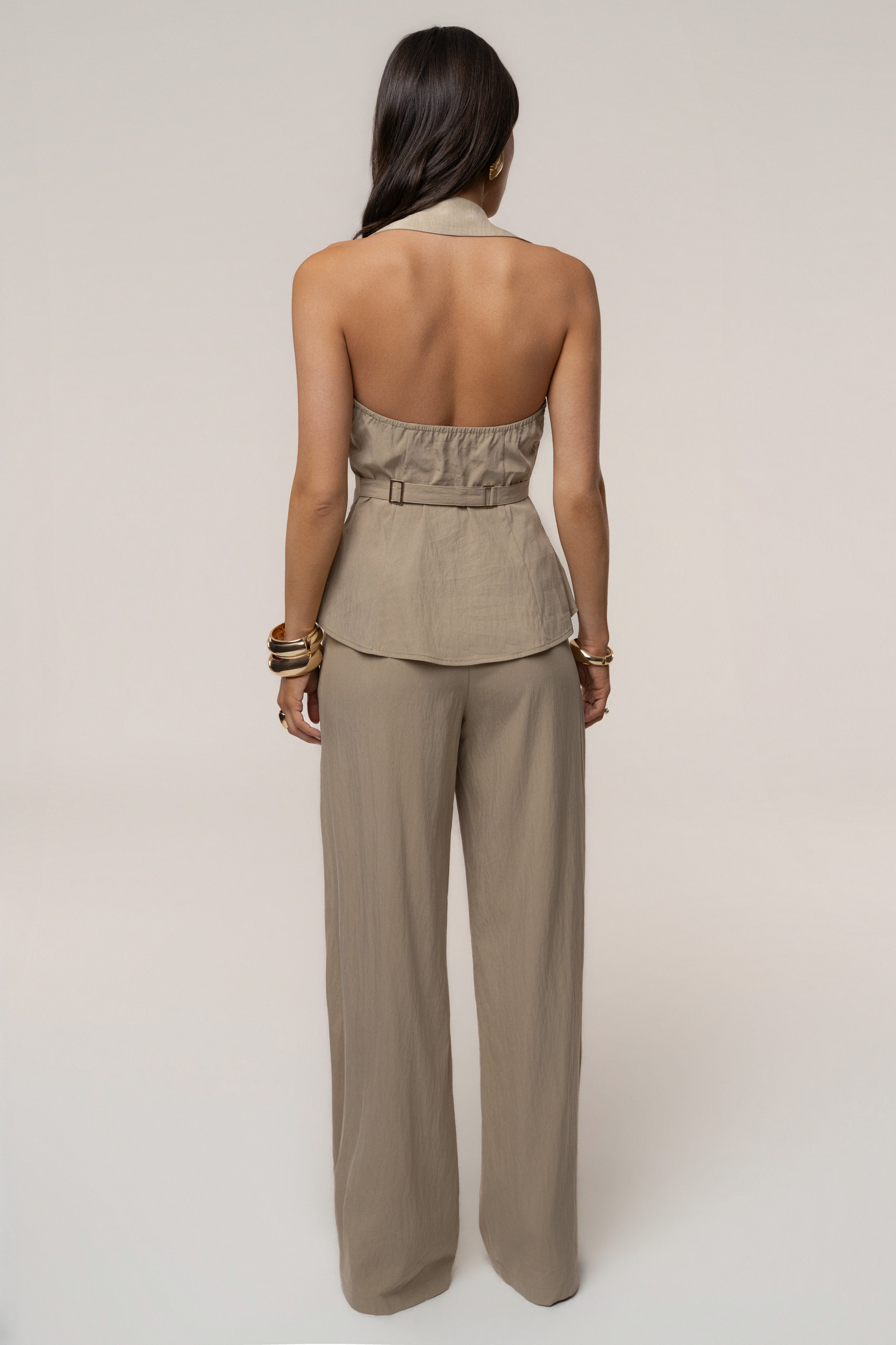 Taupe tailored halter top by JLUXLABEL featuring a sleek design and adjustable straps, perfect for stylish summer outfits.