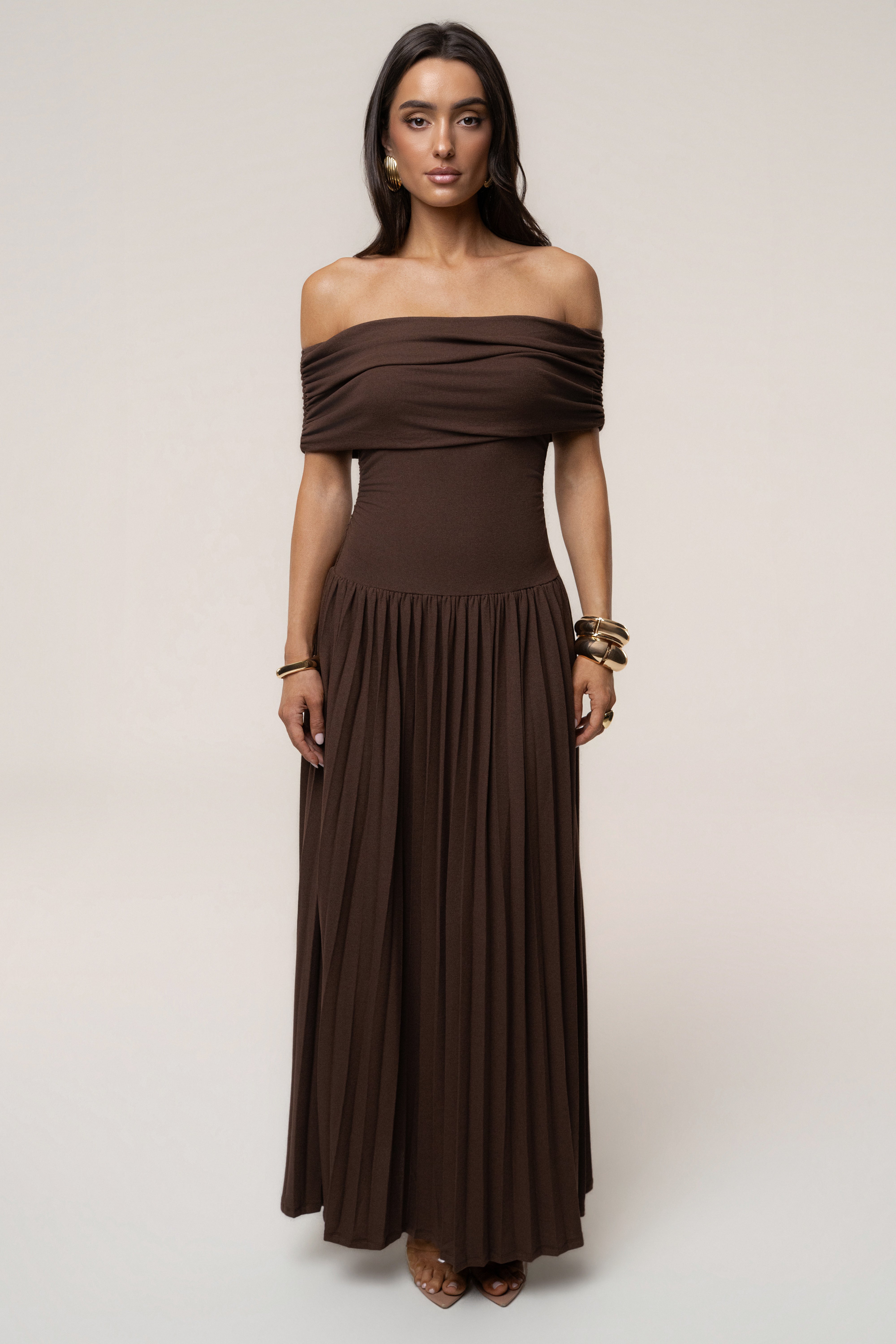 Brown JLUXLABEL pleated maxi dress with infinite pleats, flowing silhouette, and sleeveless design for elegant summer wear.