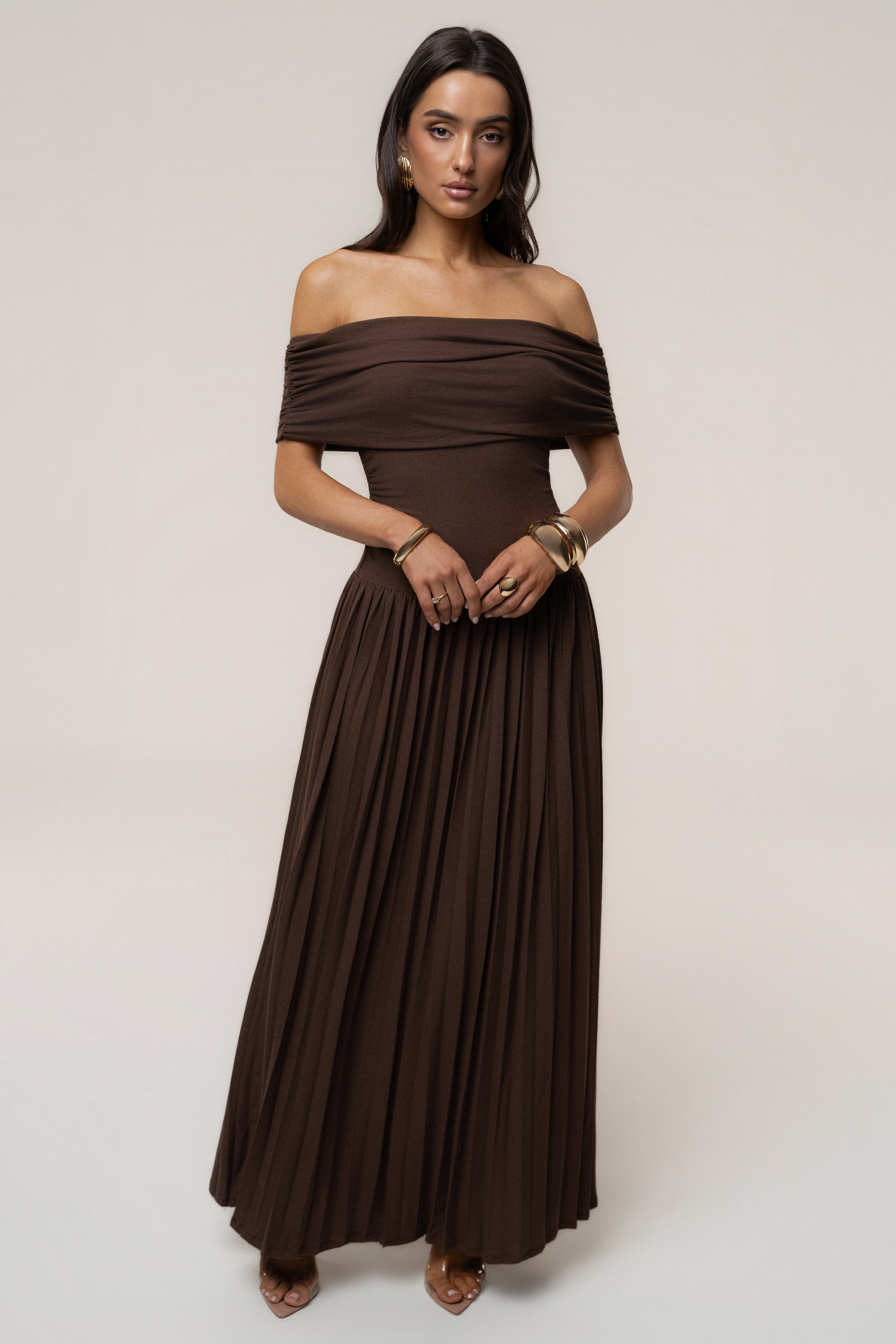 Brown JLUXLABEL pleated maxi dress with infinite pleats, flowing fabric, and a stylish, elegant design.
