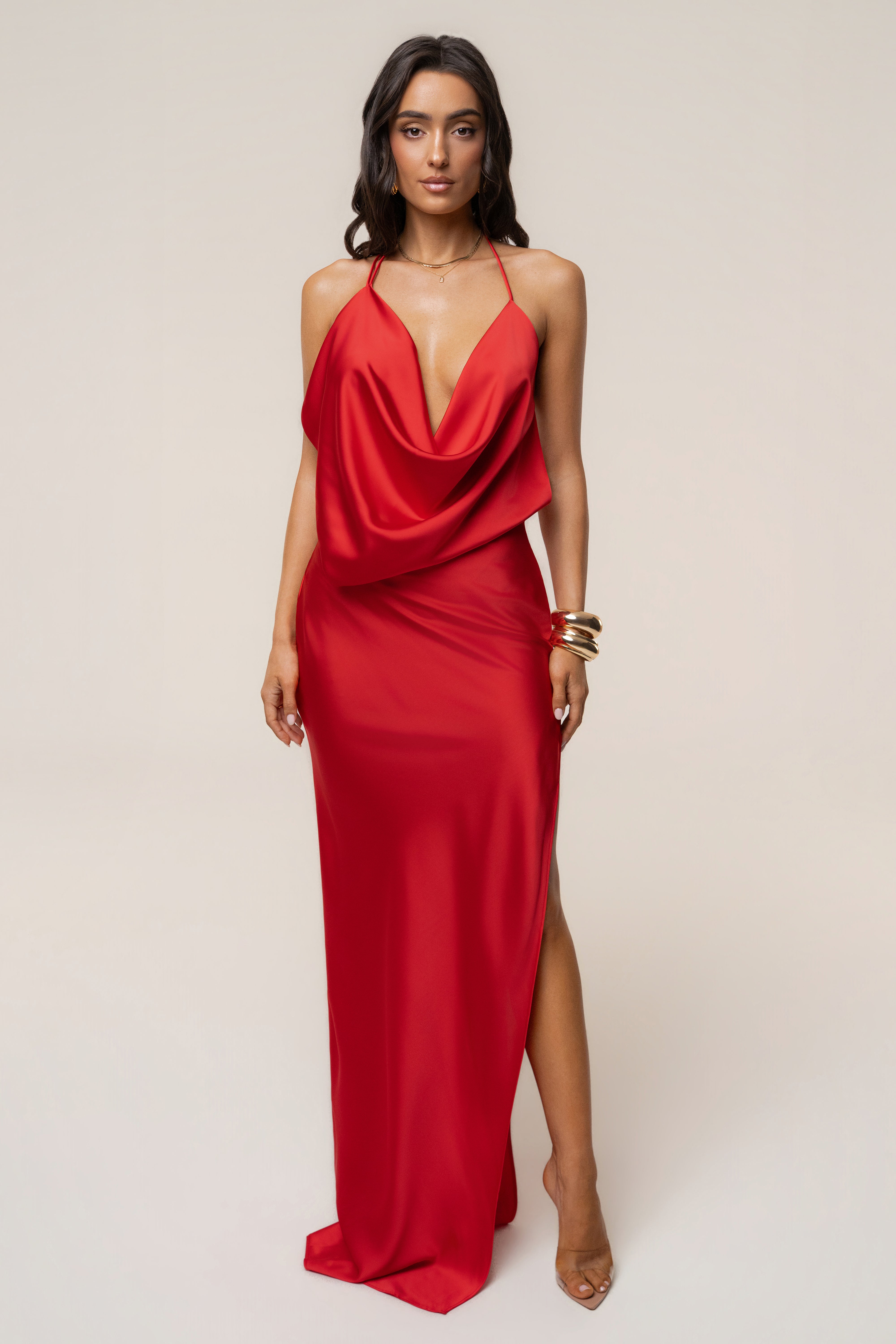 Full-length view of Tangerine Delmara Cowl Maxi Dress on a model with draped bodice and side slit.