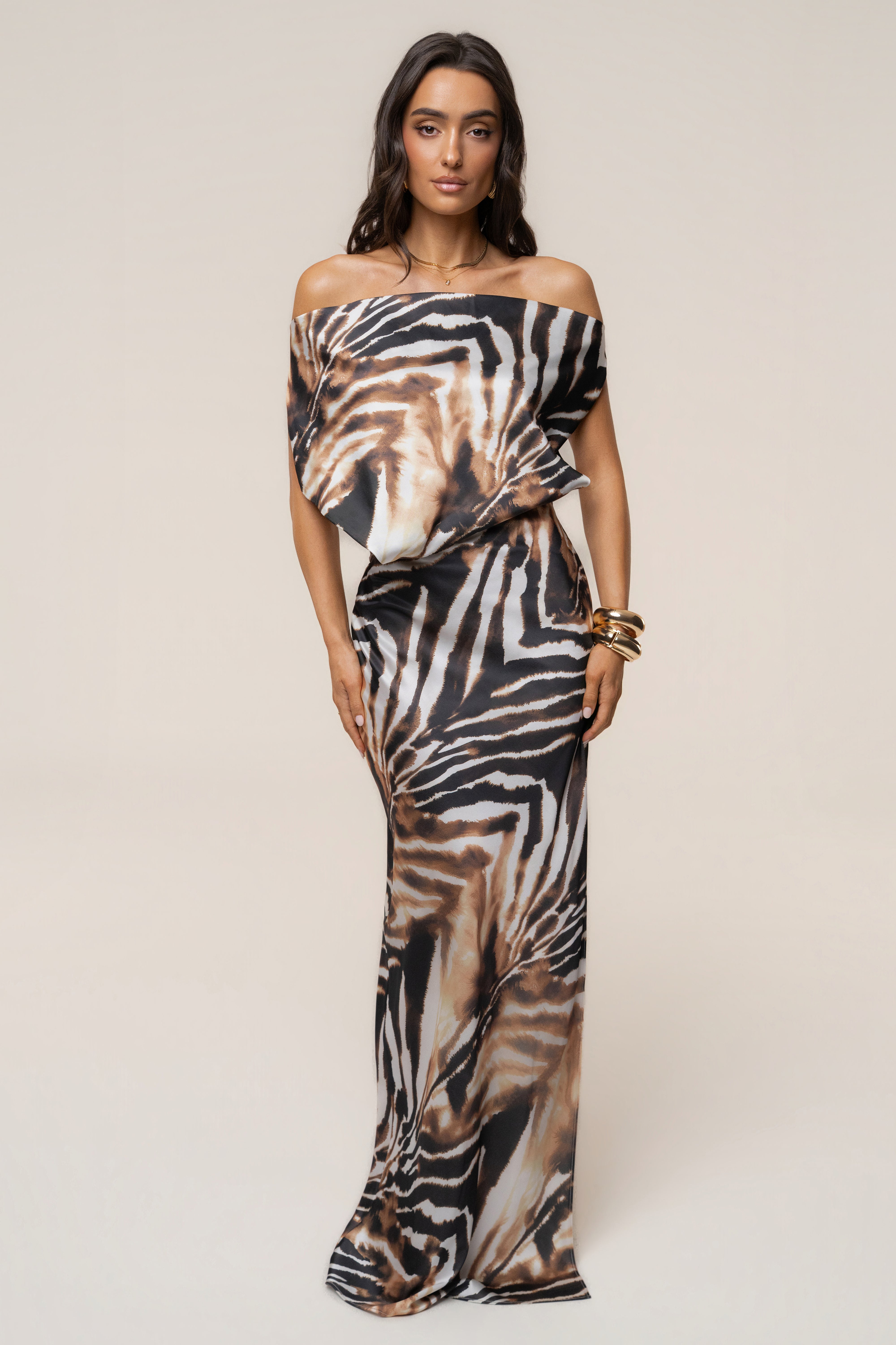 Back view of Zebra Delmara Cowl Maxi Dress with open back and crisscross straps.