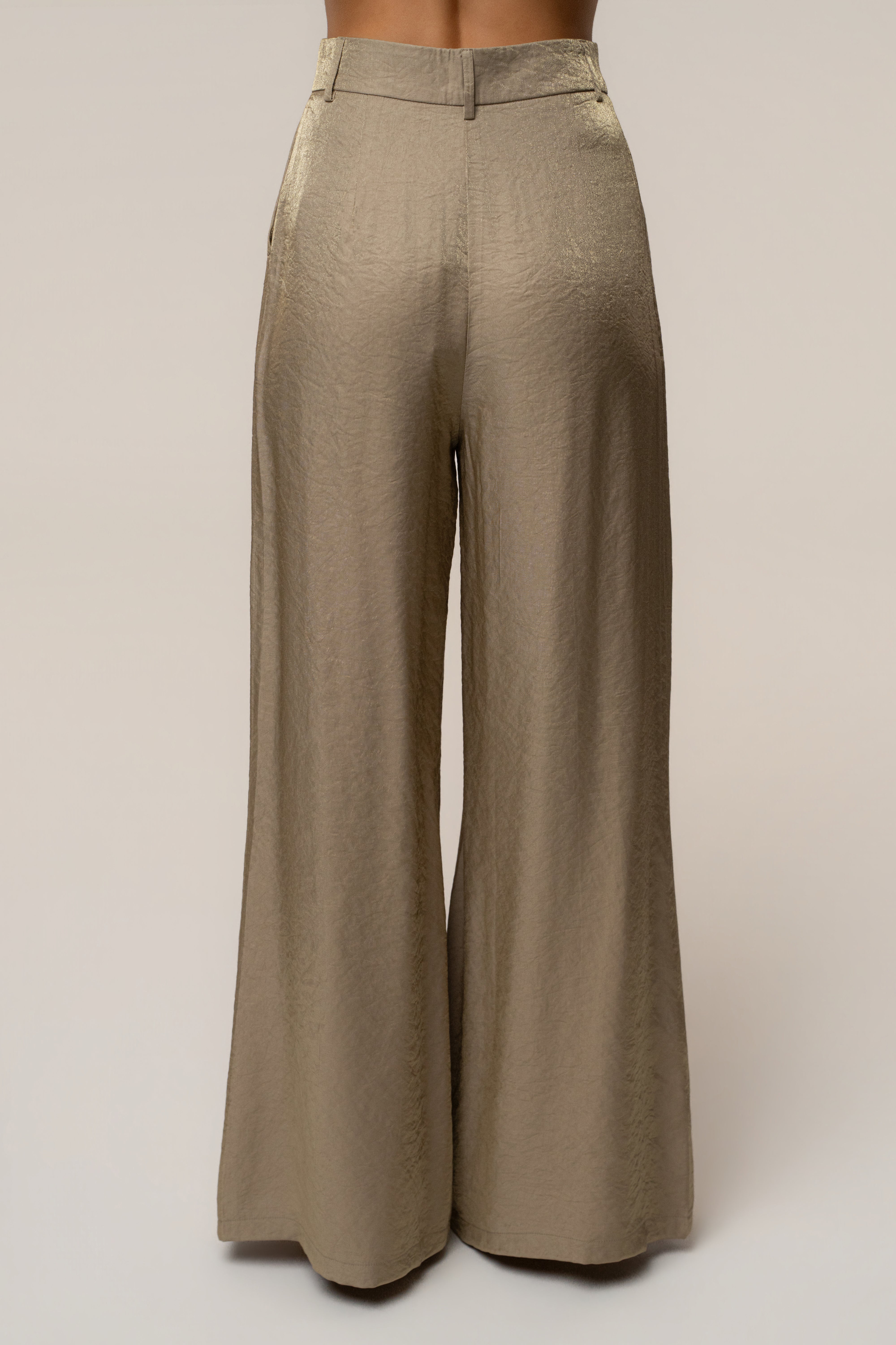 Olive Monaco wide leg pants with a high waist and belt loops in metallic sheen fabric