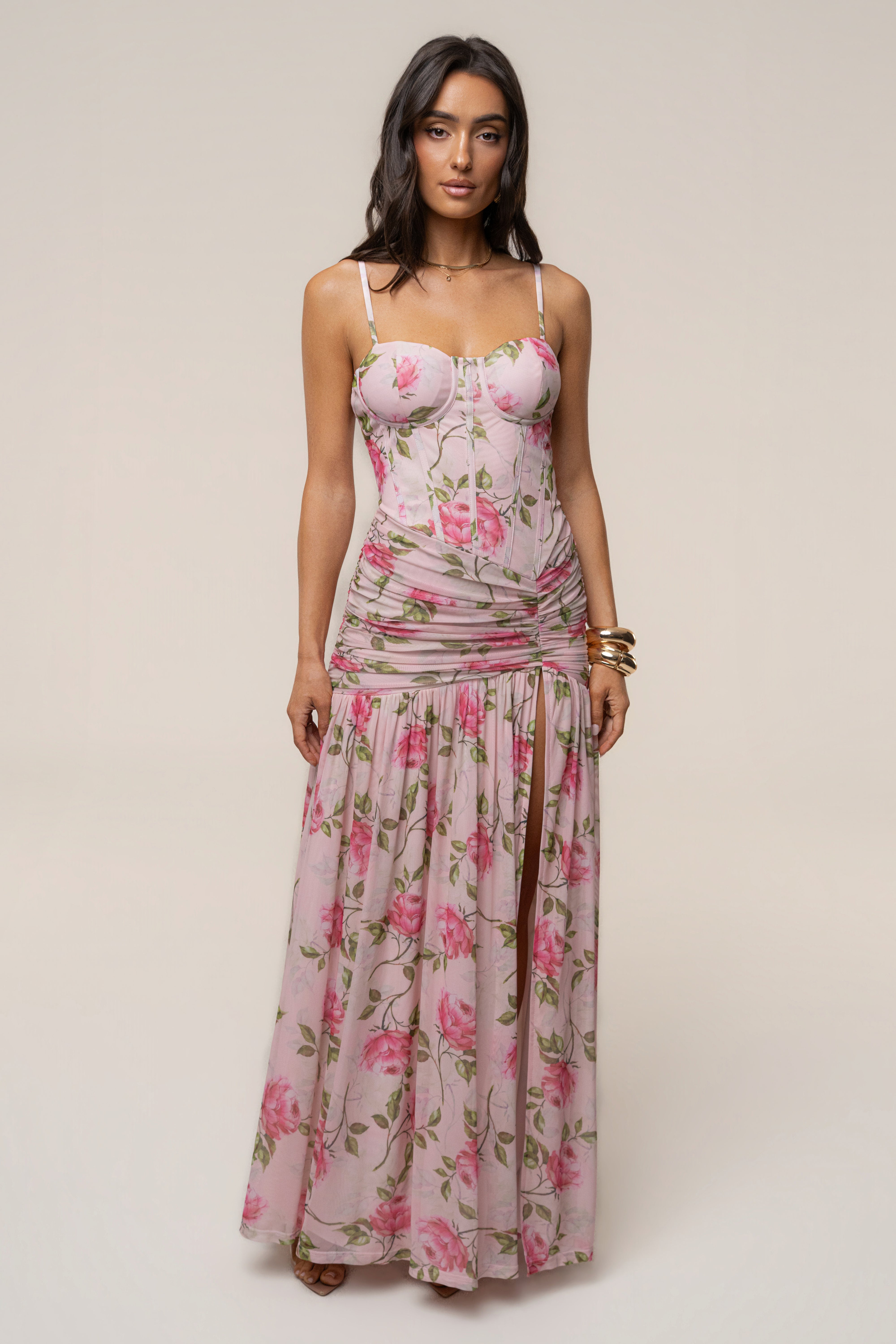 Pink Blooming Elegance maxi dress by JLUXLABEL featuring floral details and flowing fabric, perfect for formal occasions.