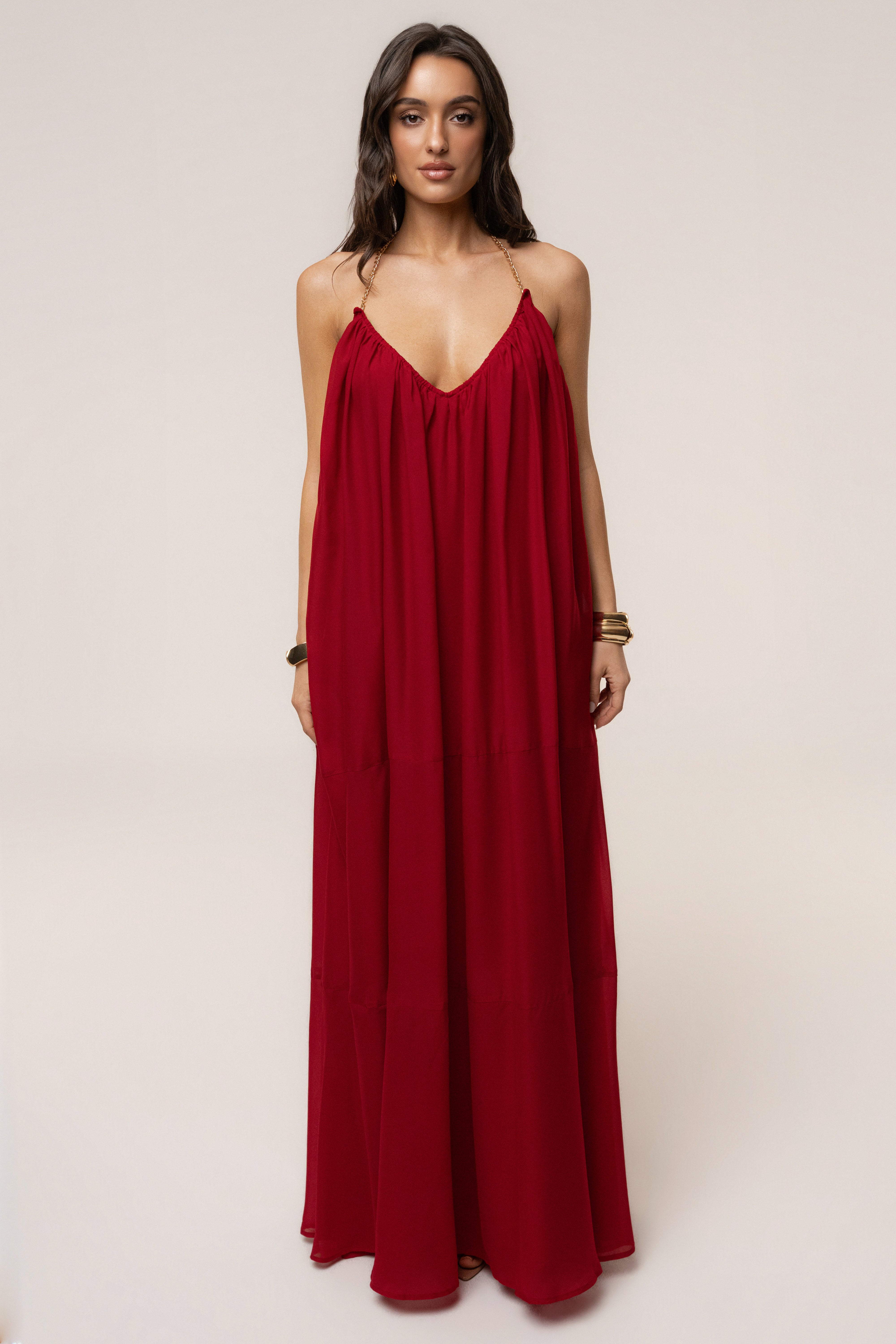 Red Hana backless maxi dress by JLUXLABEL, flowing sleeveless dress with a fitted waist and elegant design.