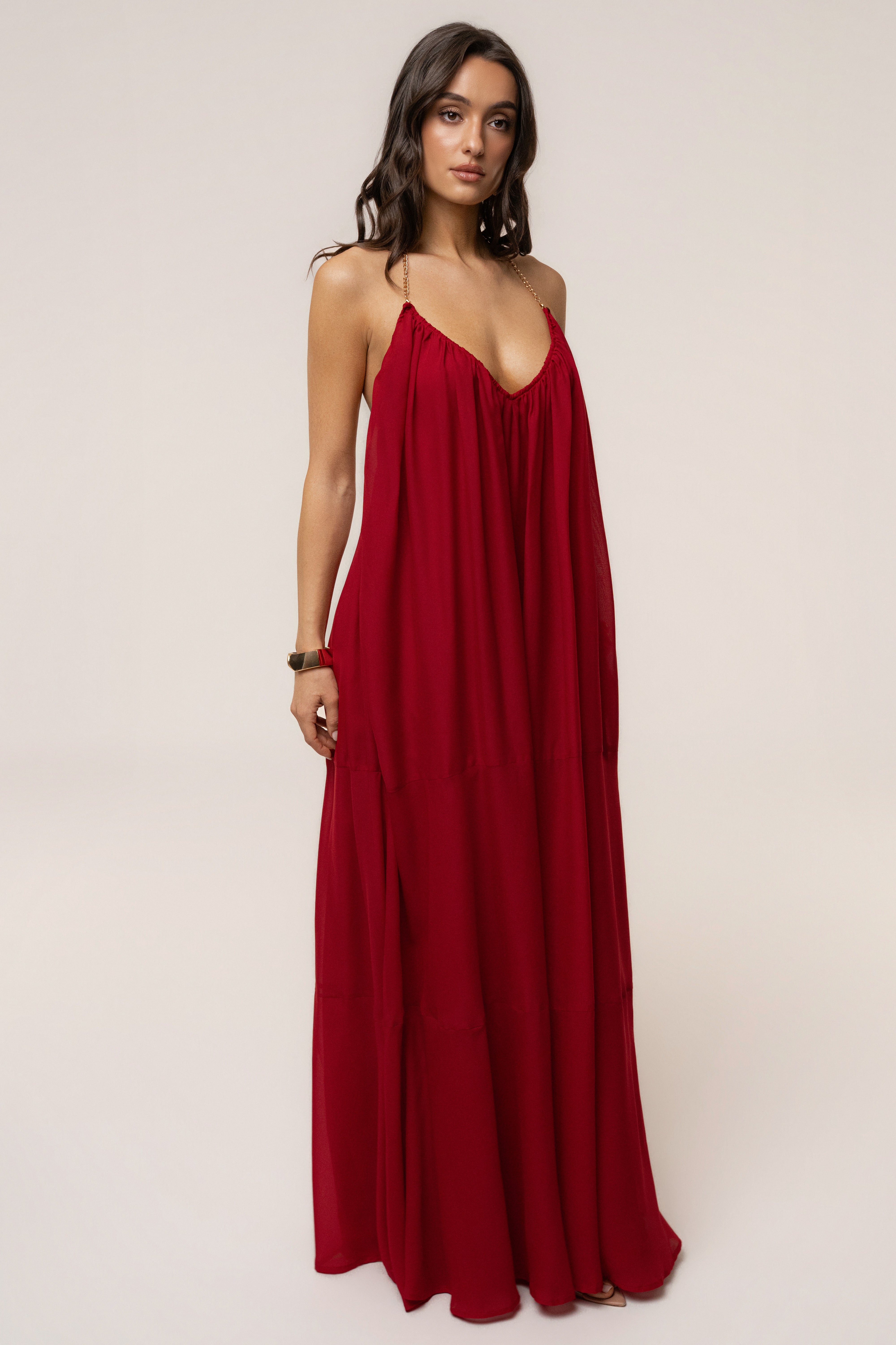 Red Hana backless maxi dress by JLUXLABEL featuring a flowing silhouette and elegant design, perfect for summer events.