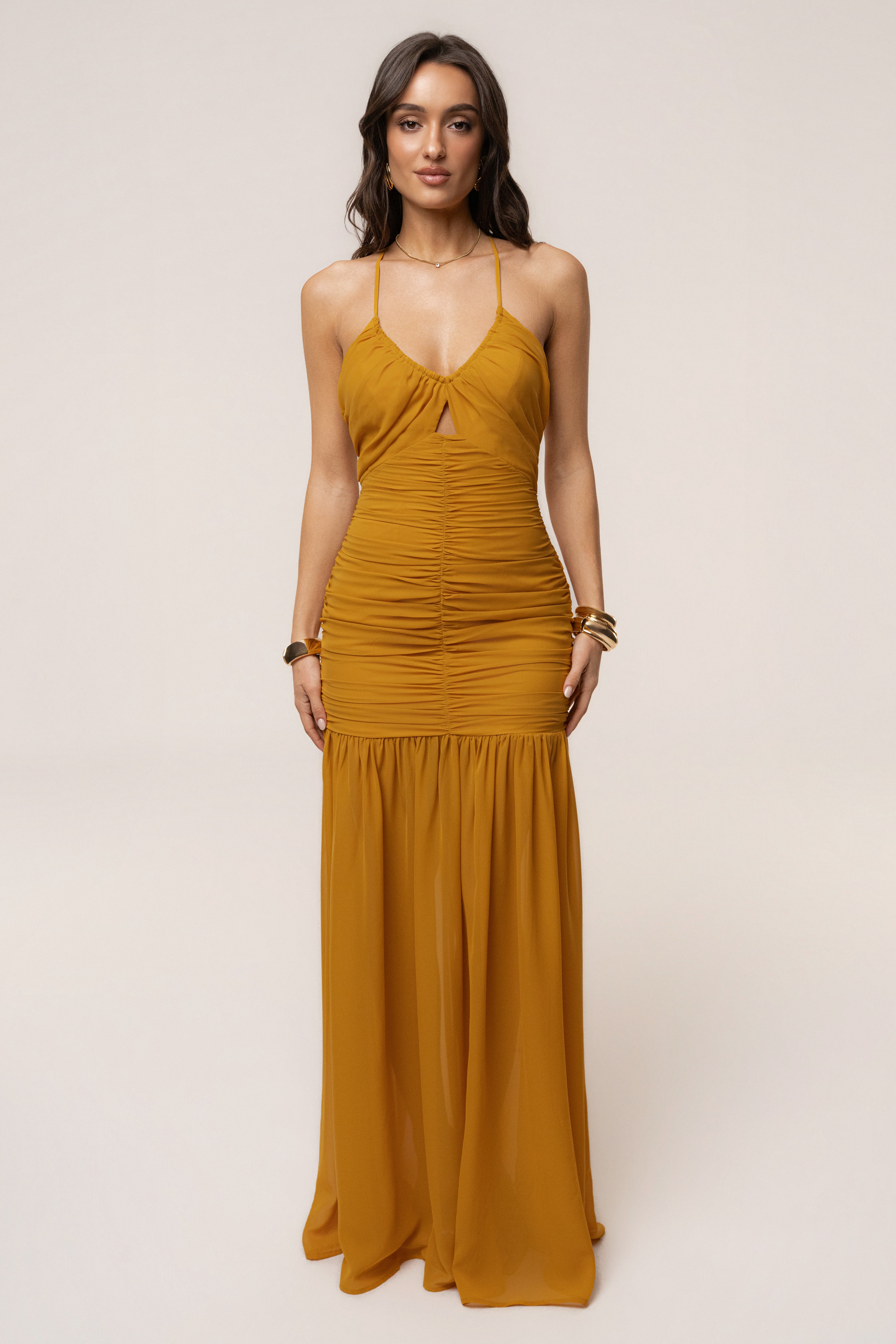 Mustard Vienna chiffon maxi dress by JLUXLABEL featuring flowy fabric and elegant design, perfect for summer or special occasions.