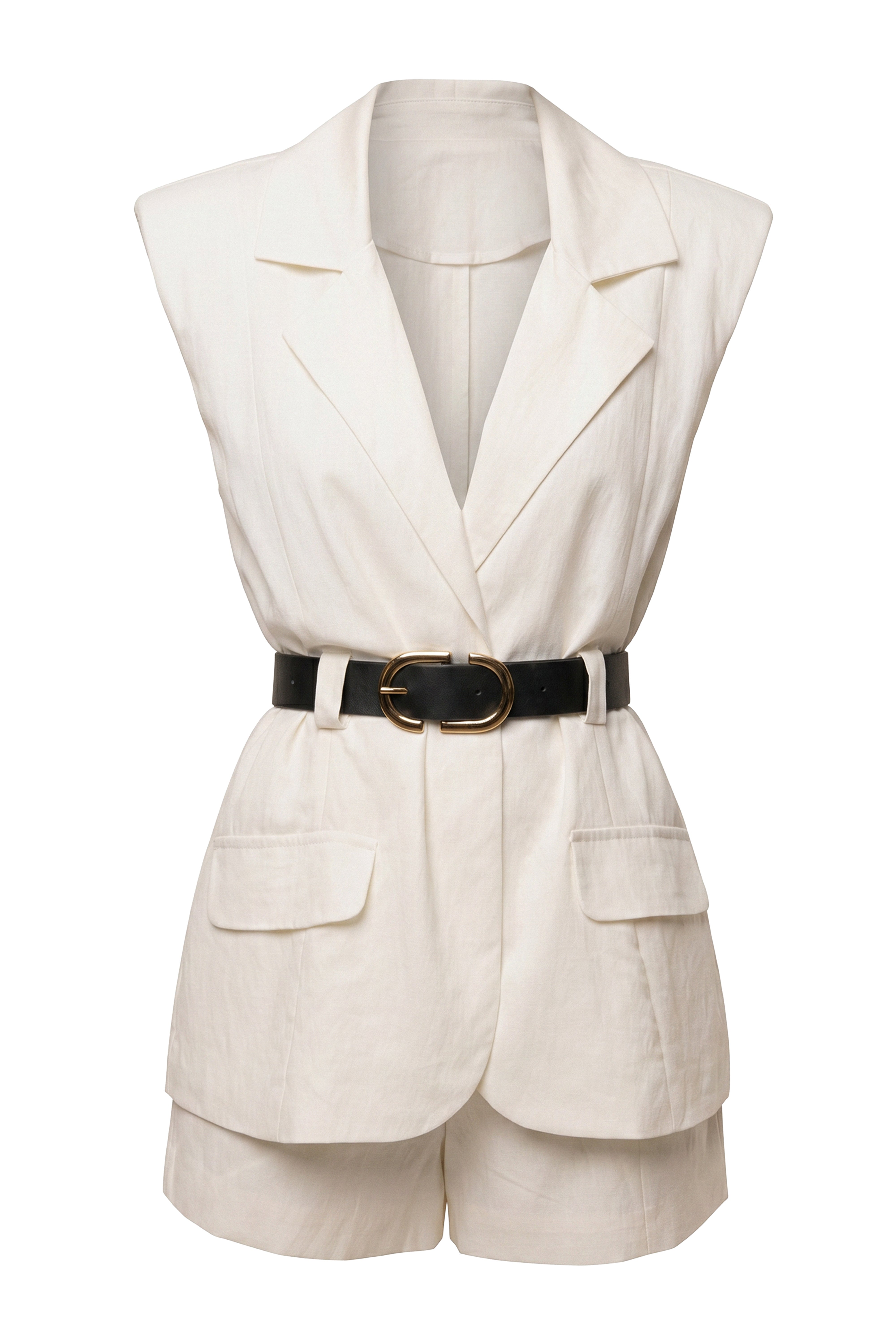 Ivory JLUXLABEL main agenda romper jumpsuit displayed on a hanger, showcasing its stylish design and fabric details.