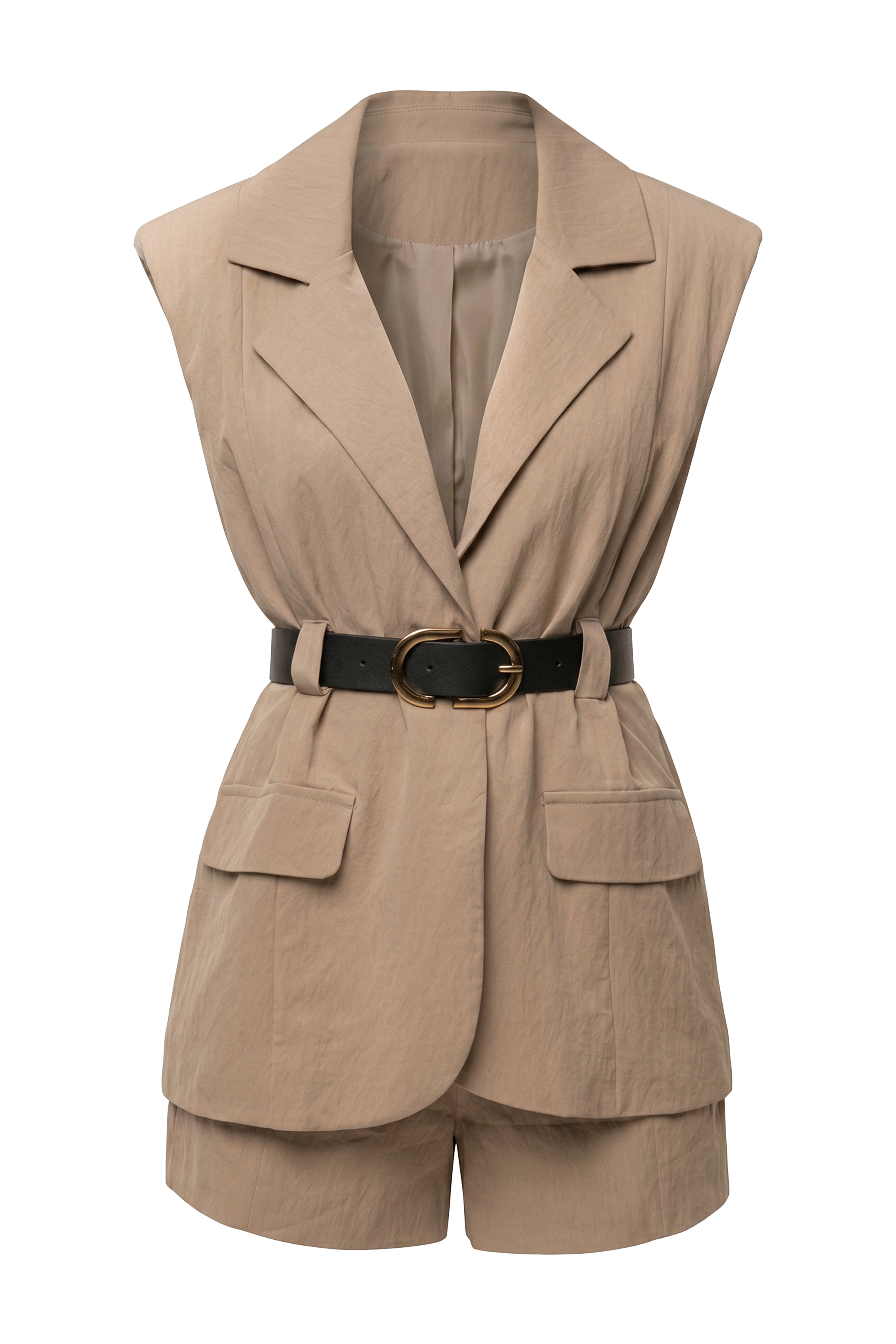 Tan JLUXLABEL main agenda romper jumpsuit with sleeveless design and relaxed fit, shown on a model.