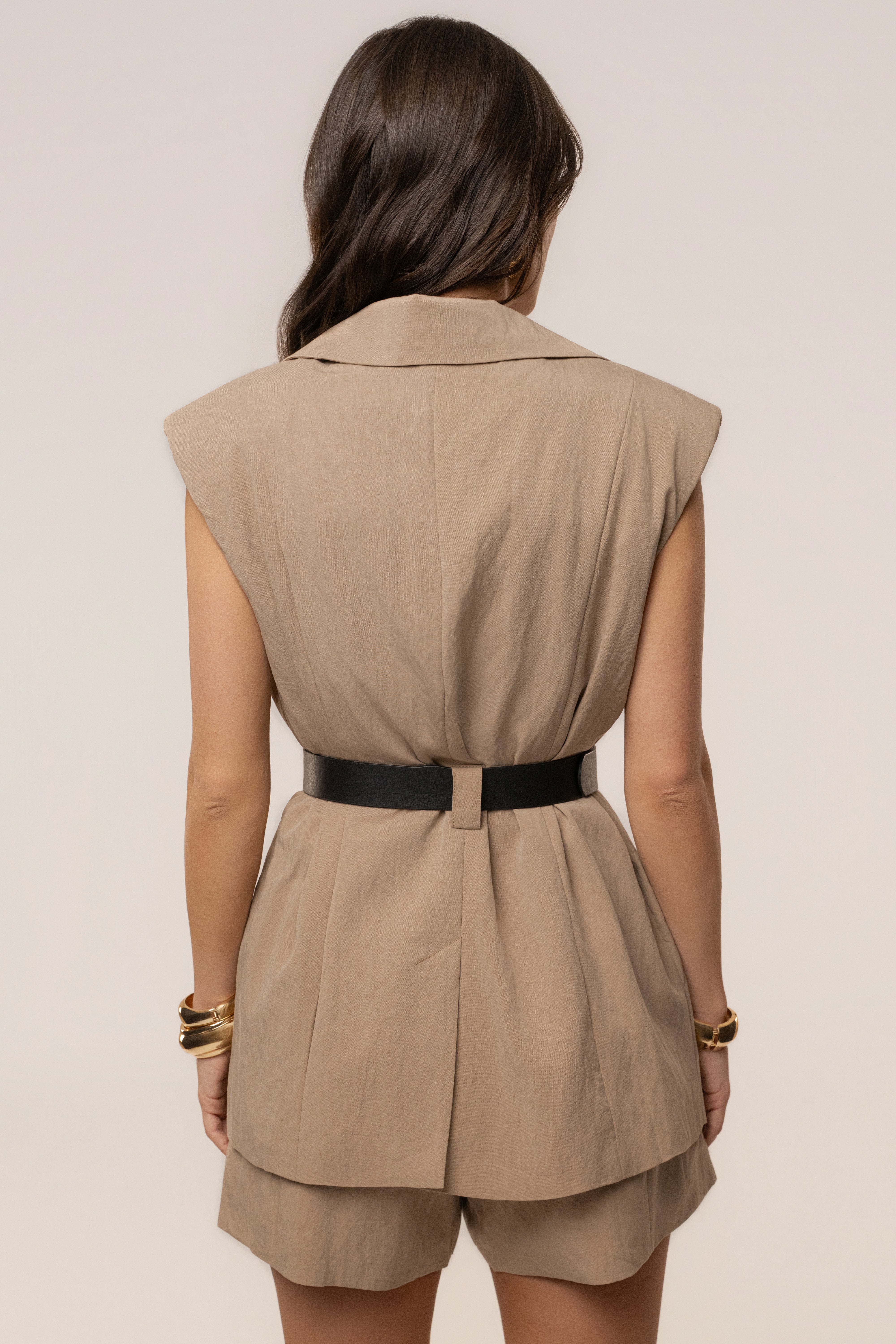 Tan JLUXLABEL main agenda romper jumpsuit with sleeveless design and relaxed fit, perfect for casual wear.