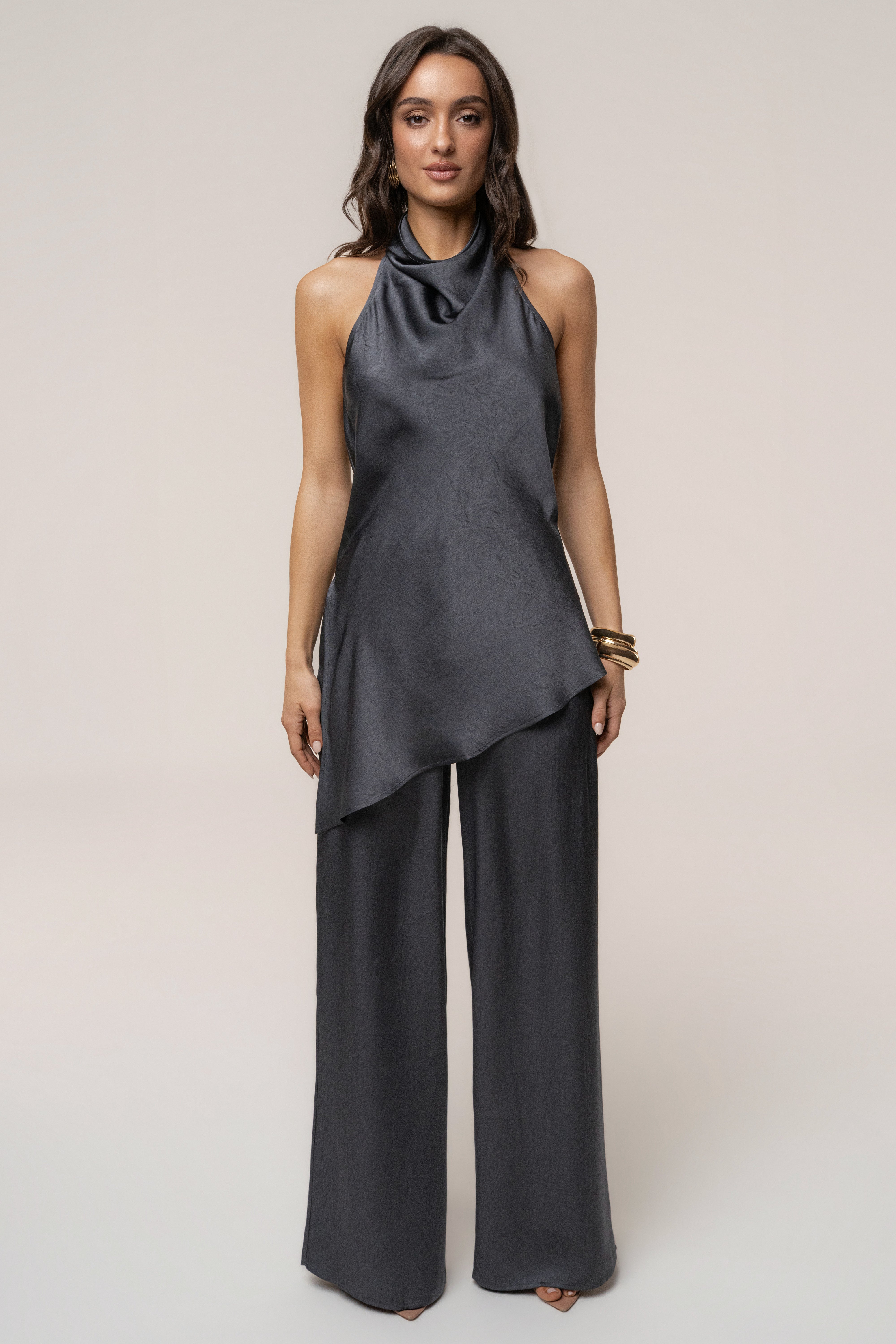 Midnight blue satin pant set with draped top from JLUXLABEL, featuring a stylish, flowing design and comfortable fit.