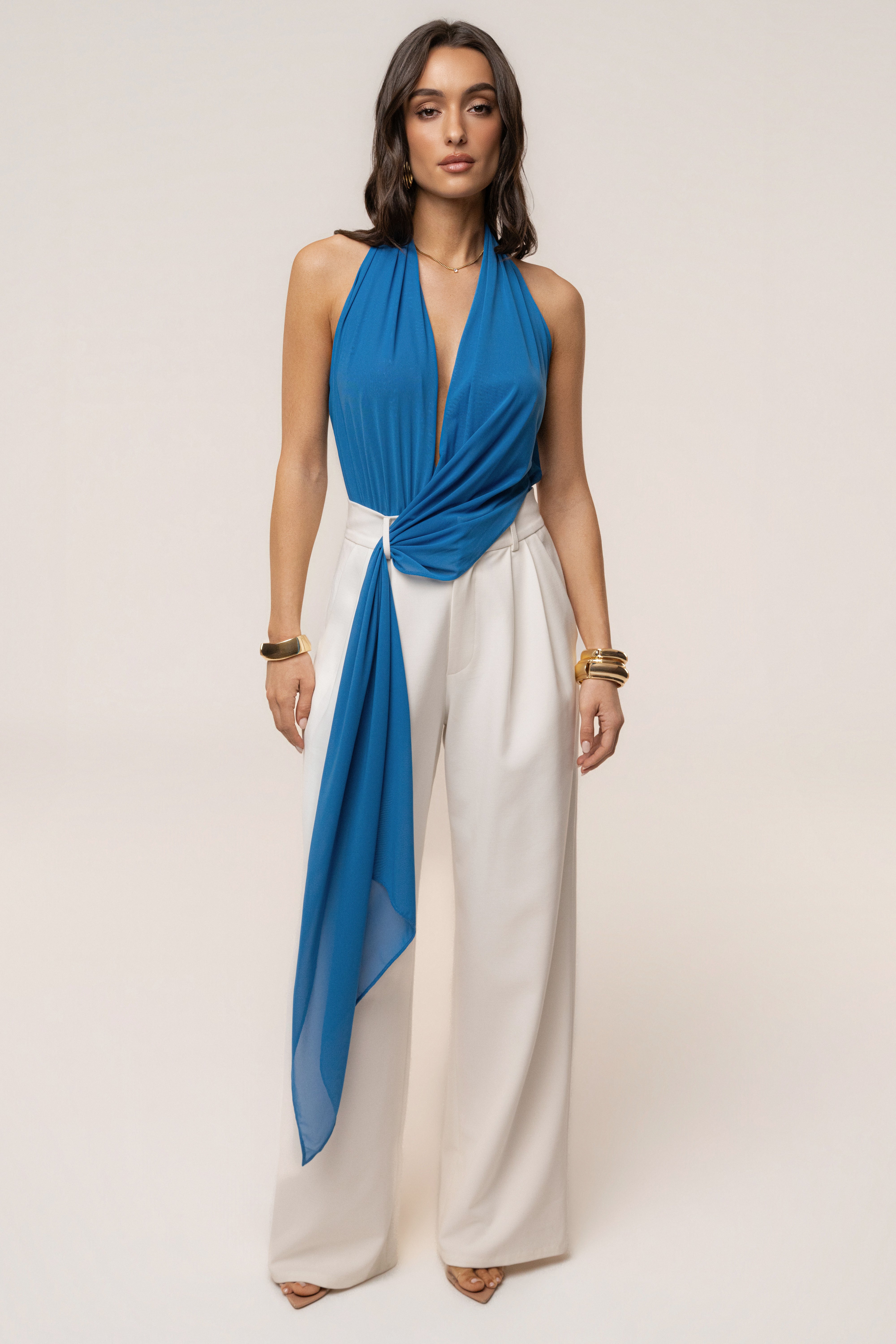 Blue JLUXLABEL Bare Form plunge bodysuit, featuring a sleek design with a deep V neckline and fitted style.