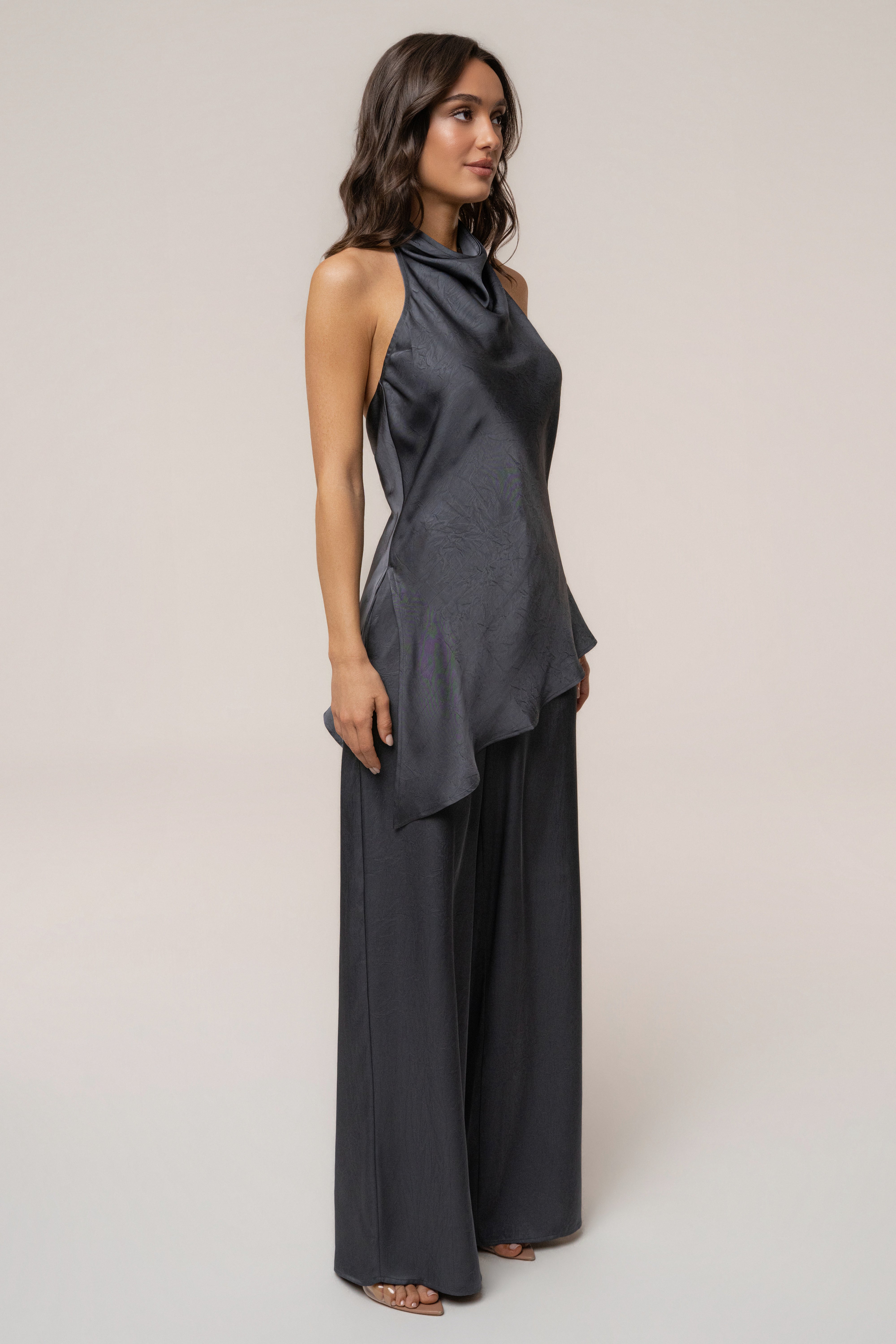 Midnight blue satin pant set with draped design, stylish and elegant, by JLUXLABEL, shown on a model.