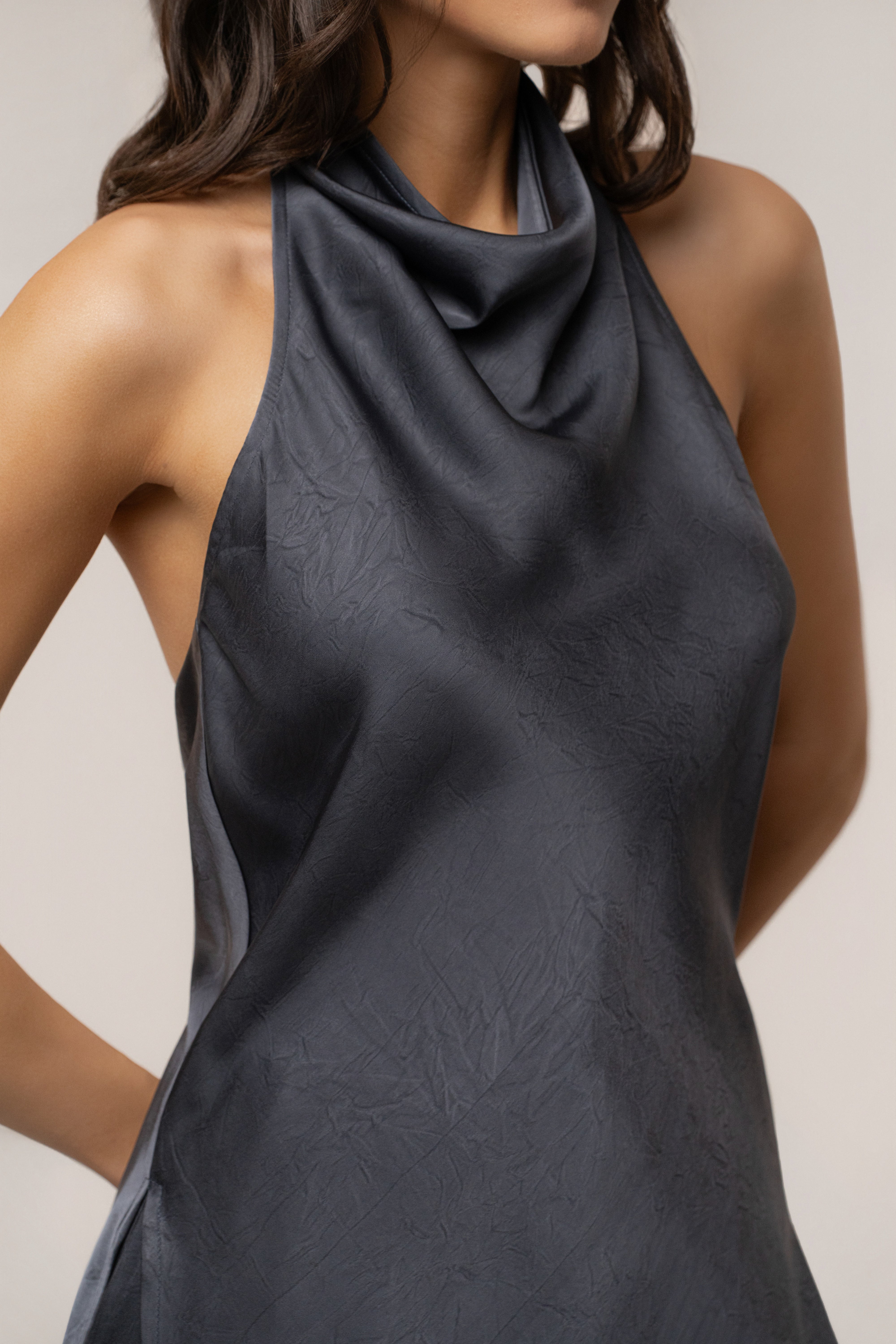 Midnight blue satin pant set with draped details from JLUXLABEL, featuring a stylish and elegant matching top and pants ensemble.