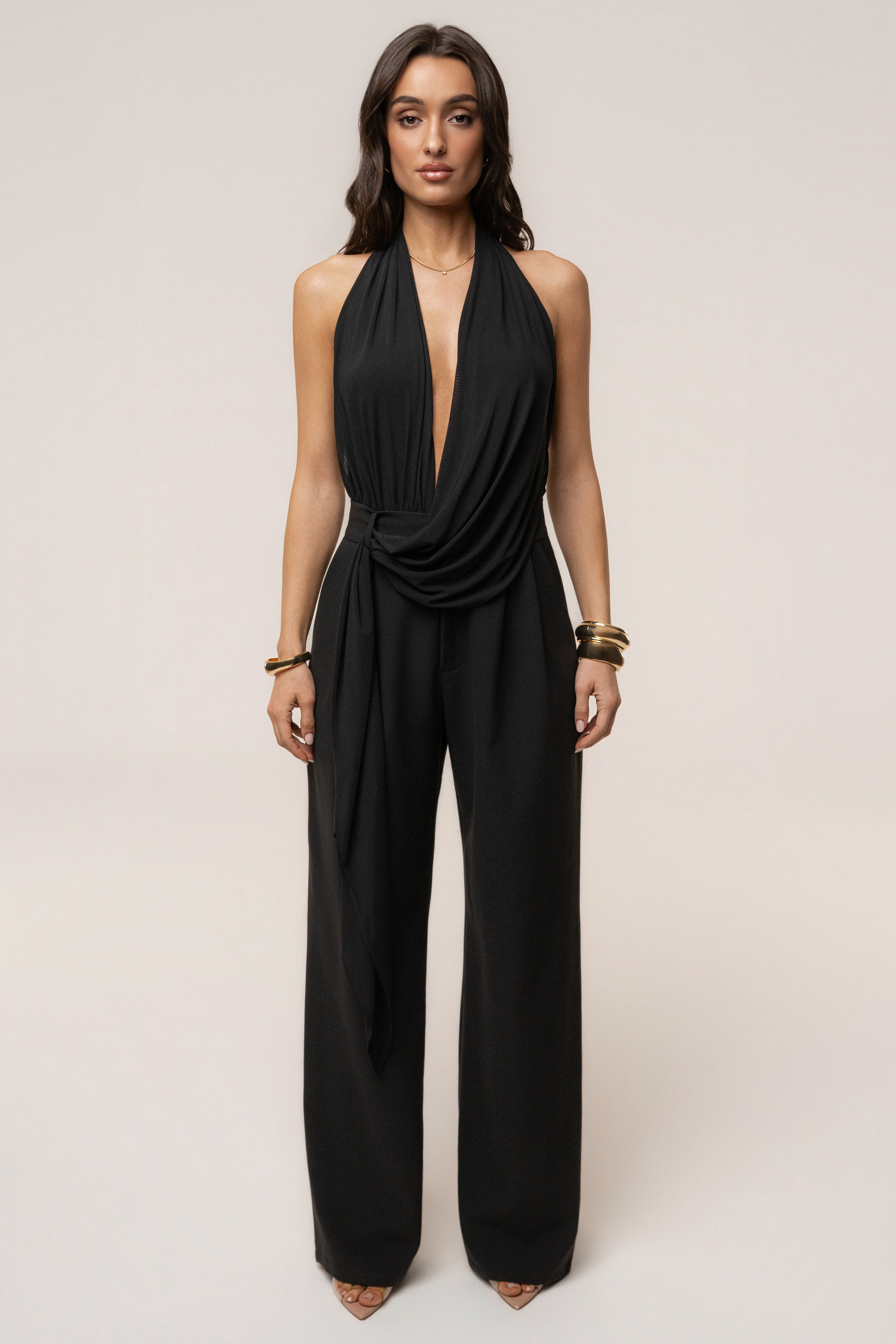 Black JLUXLABEL Bare Form plunge bodysuit, front view showcasing deep V neckline and fitted design.
