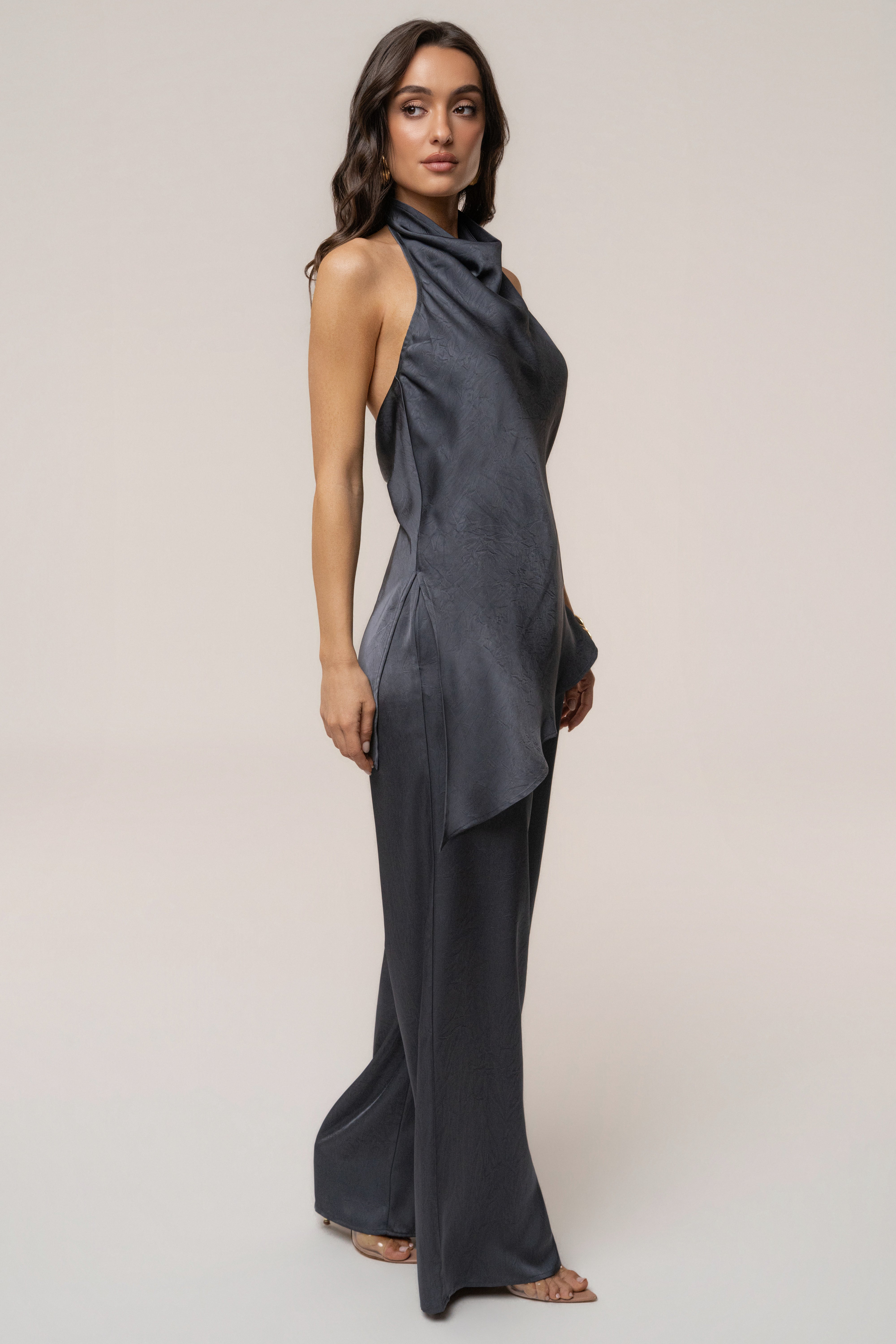Midnight blue satin pant set with draped design from JLUXLABEL, featuring a stylish, elegant look and relaxed fit.
