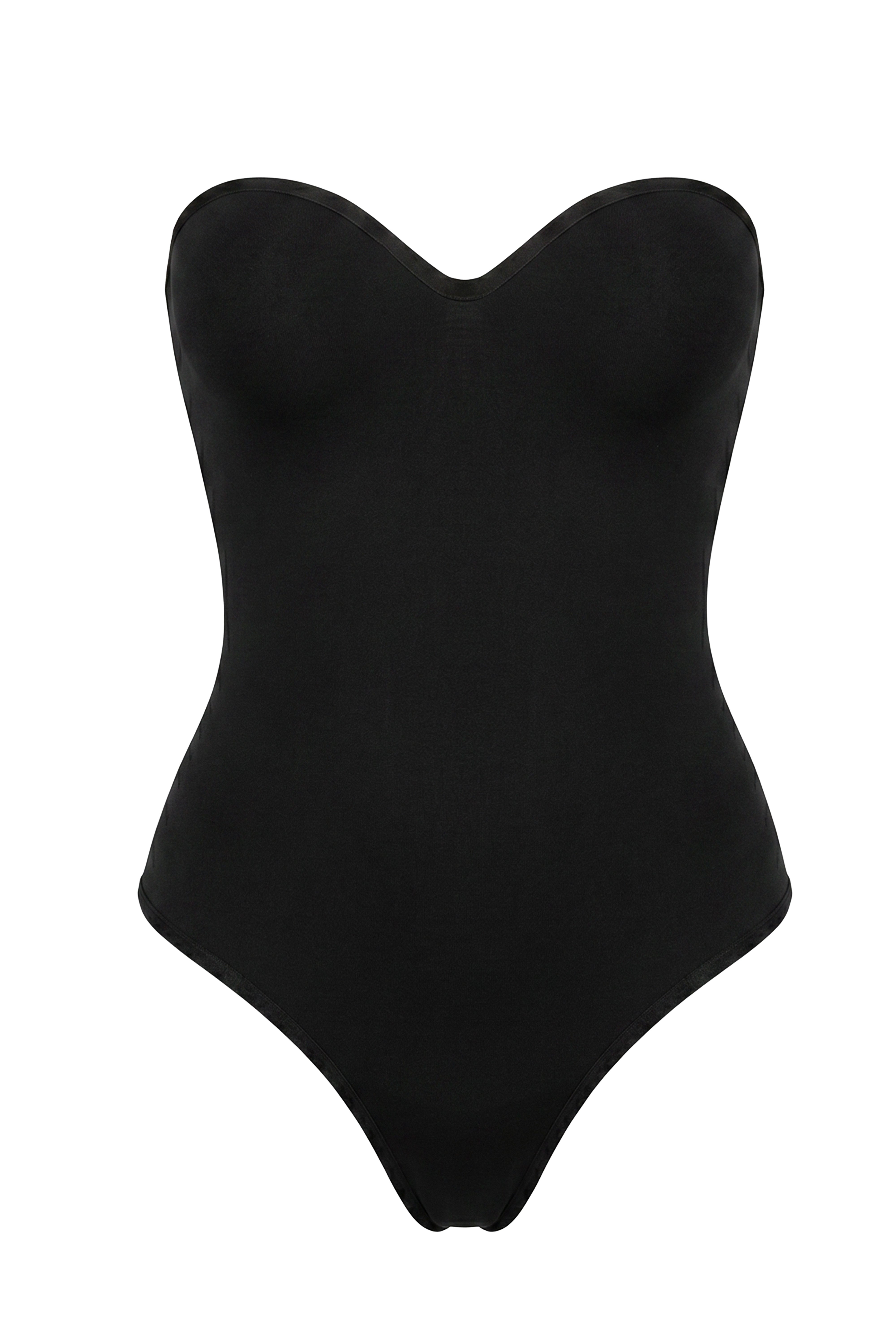 Black Sascha strapless bodysuit by JLUXLABEL, close-up of fitted strapless top with smooth fabric and sleek design.