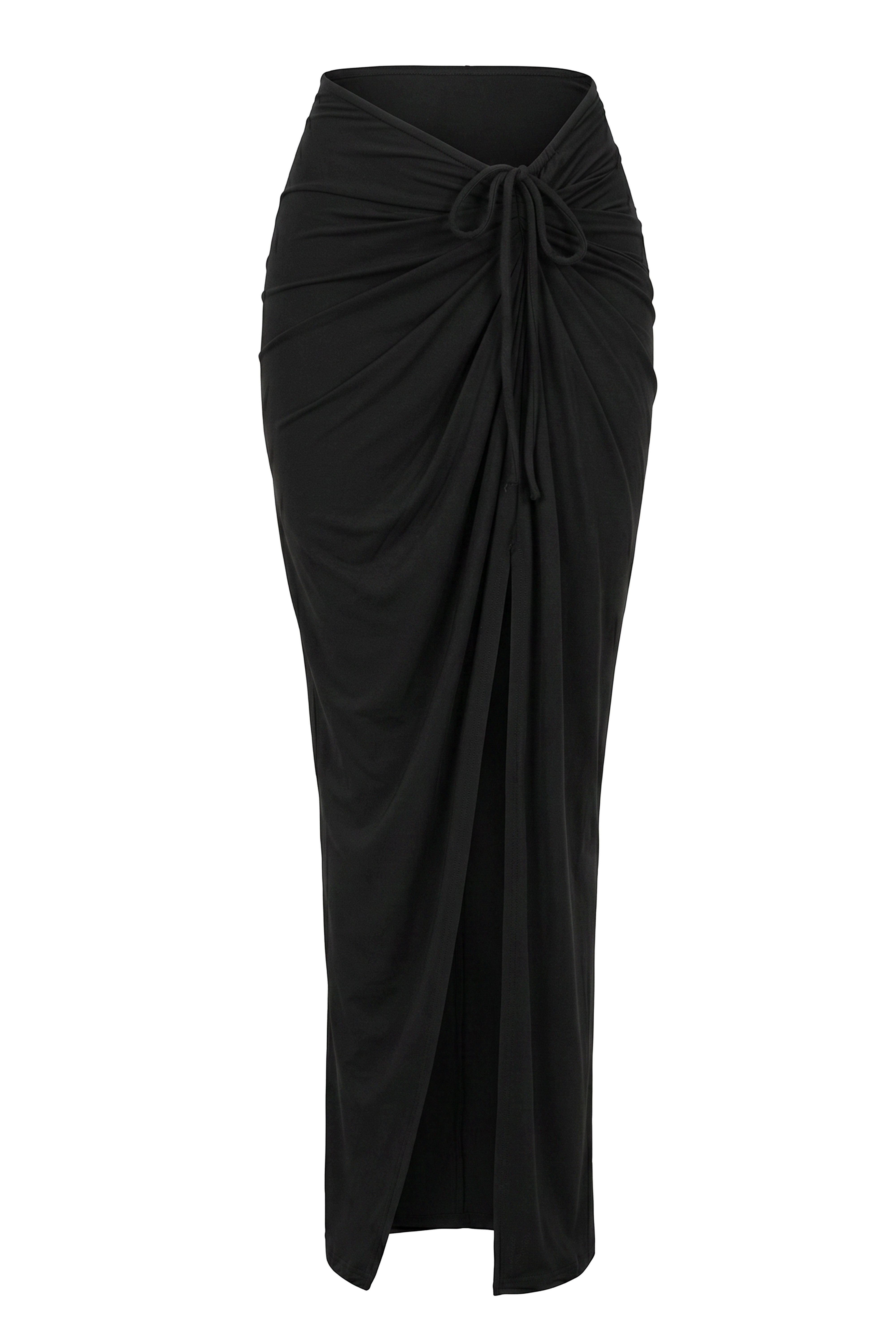 Black Island Drape Maxi Skirt from JLUXLABEL, flowing bottoms with draped fabric and high waist, styled for a boho-chic look.