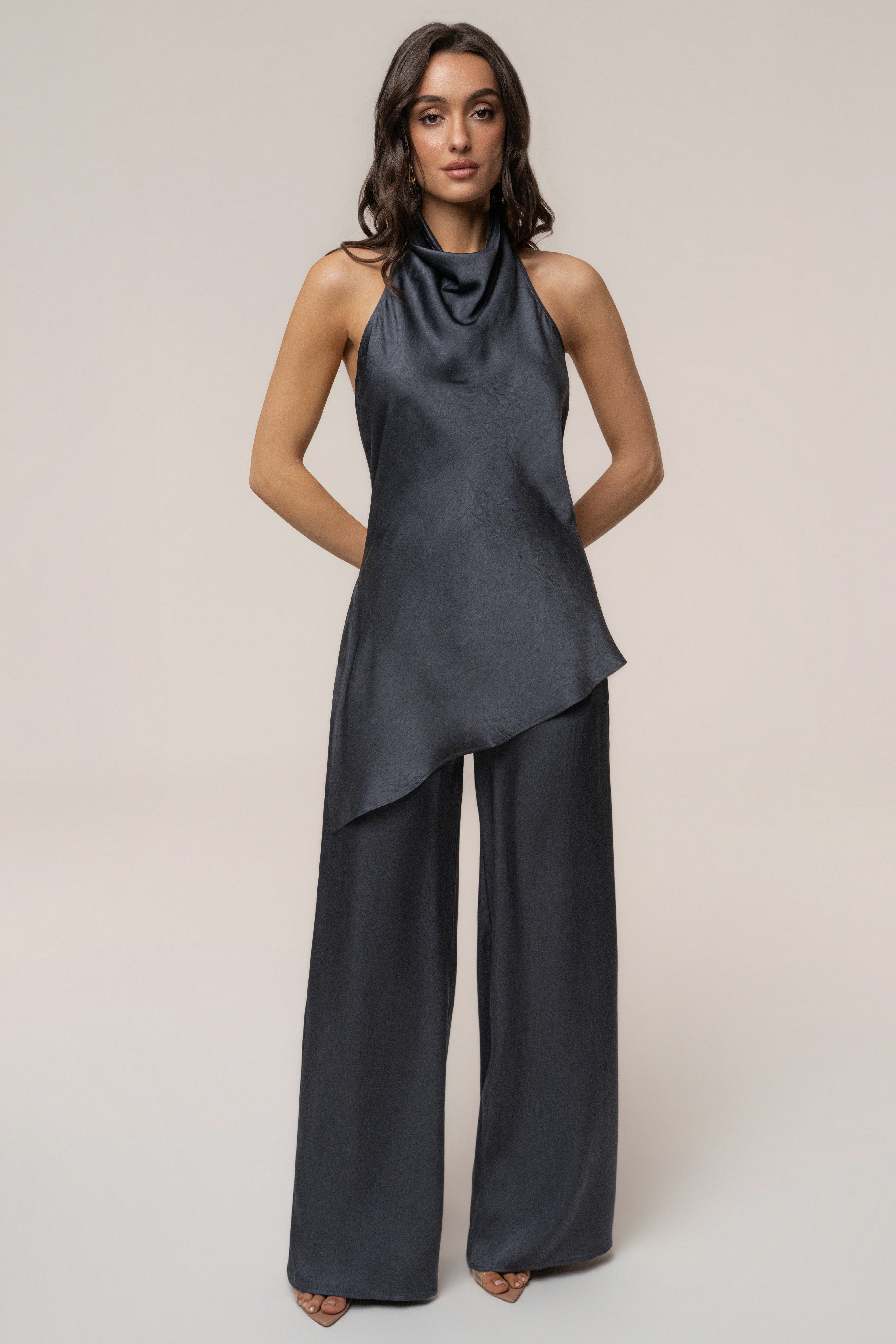 Midnight Blue Draped Satin Pant Set