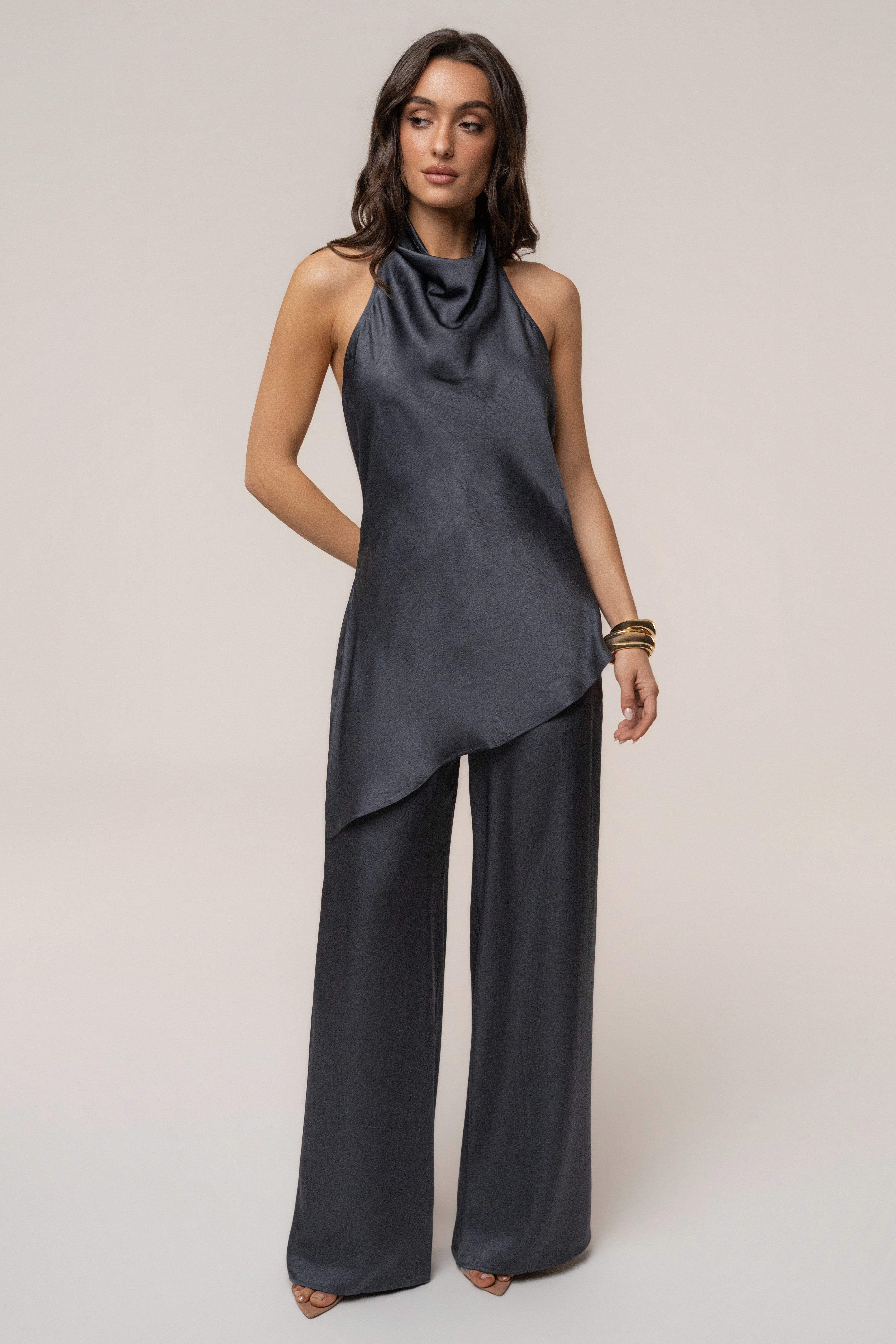Midnight blue satin pant set by JLUXLABEL featuring a draped design with matching high-waisted trousers and a stylish top.