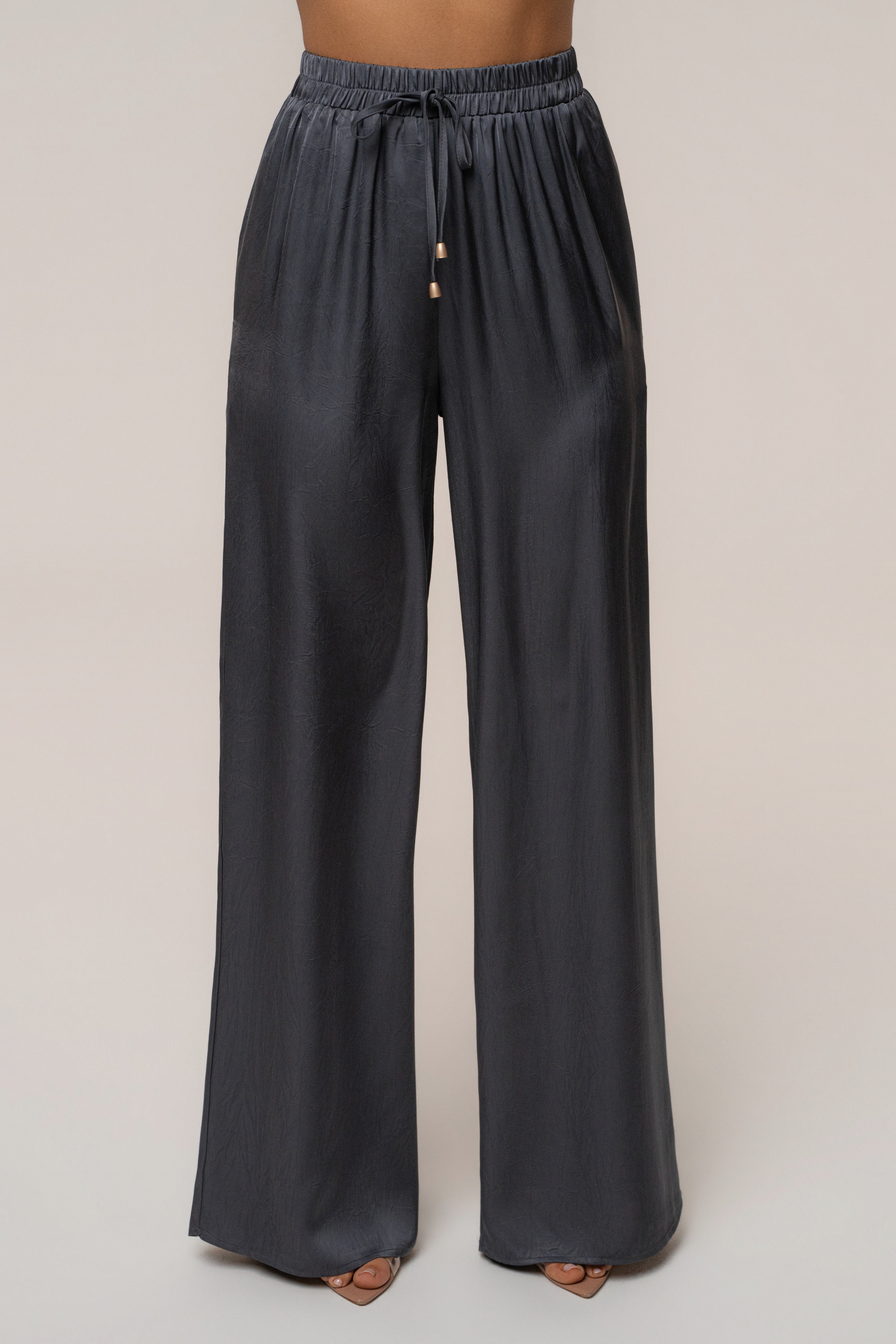 Midnight blue satin pant set with draped design from JLUXLABEL, featuring a stylish and elegant two-piece outfit.