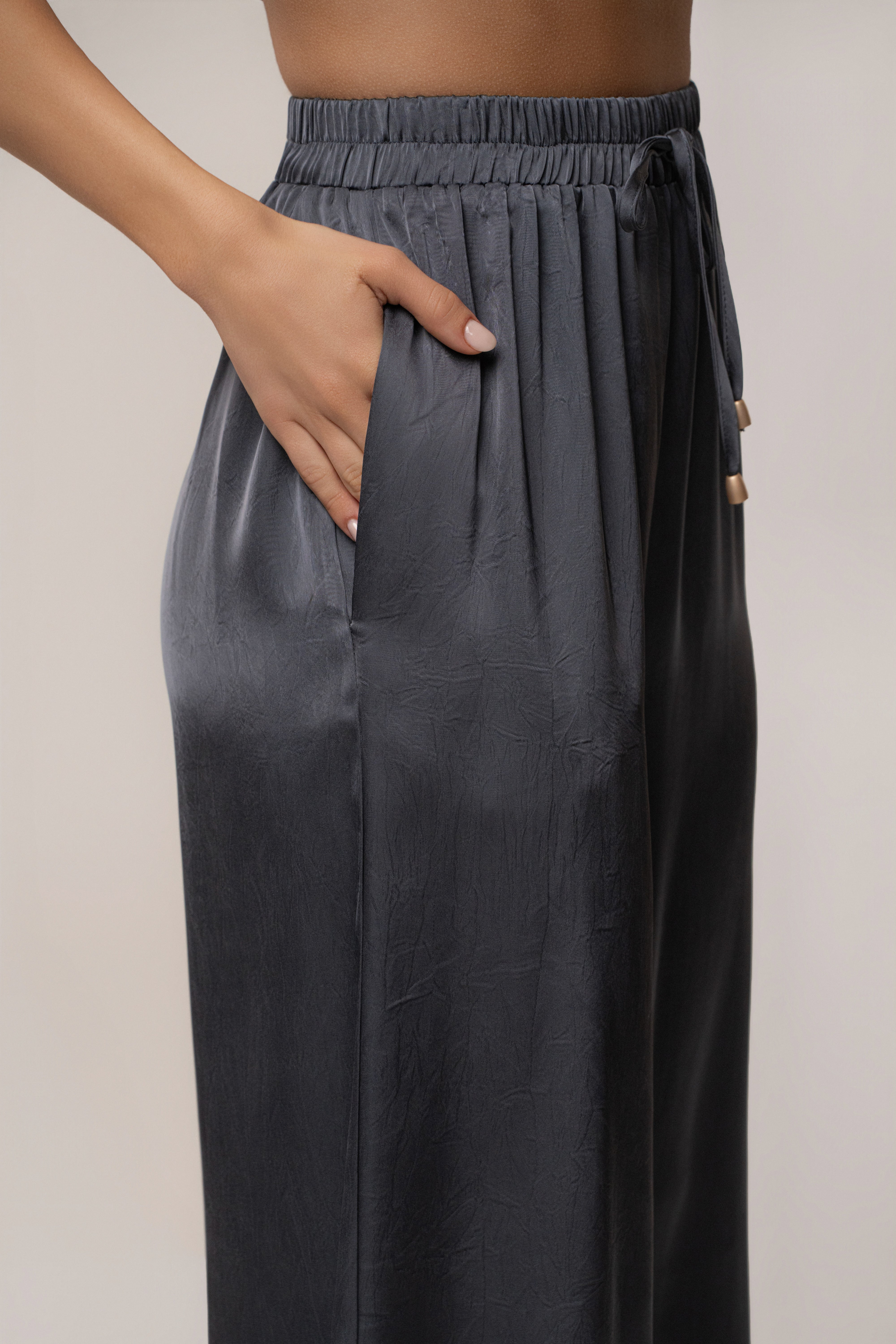 Midnight blue satin pant set with draped design from JLUXLABEL, featuring a stylish and elegant matching top and pants.