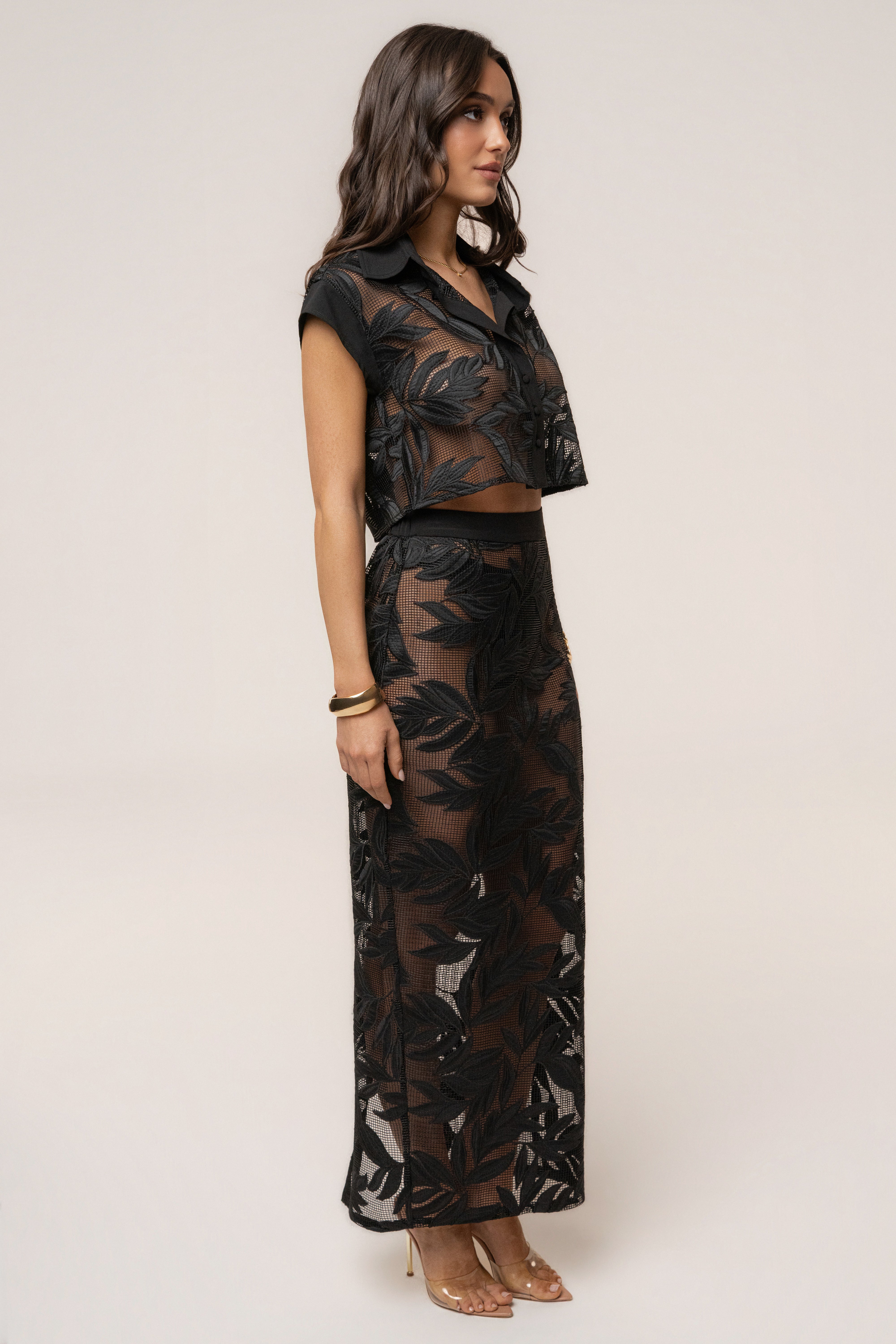 Black Bali Nights embroidered skirt from JLUXLABEL featuring intricate embroidery and a flowing, stylish bottom design.