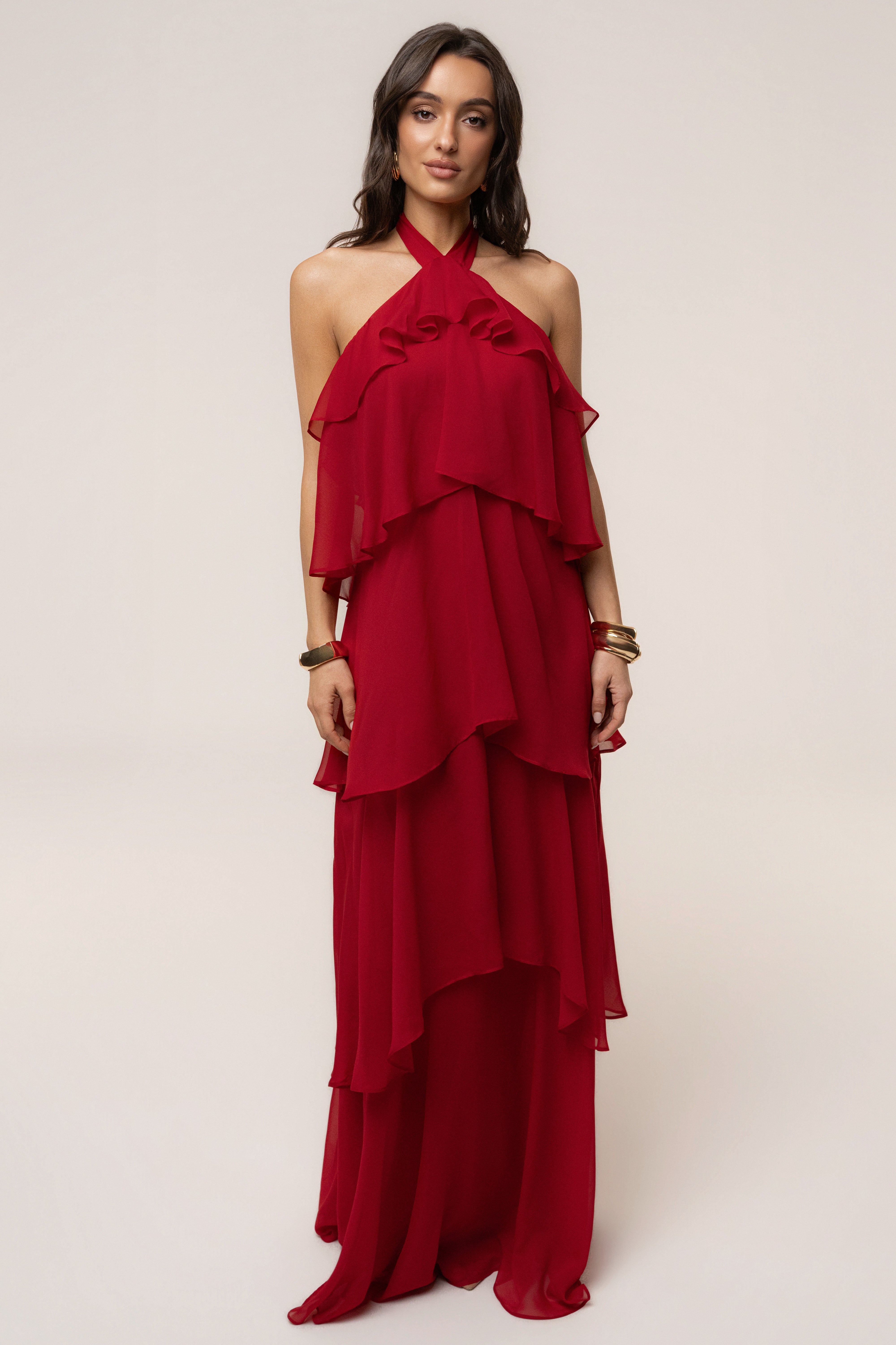 Red JLUXLABEL Maxi Dress with cloud pattern, flowy fabric, and sleeveless design perfect for summer or casual wear.