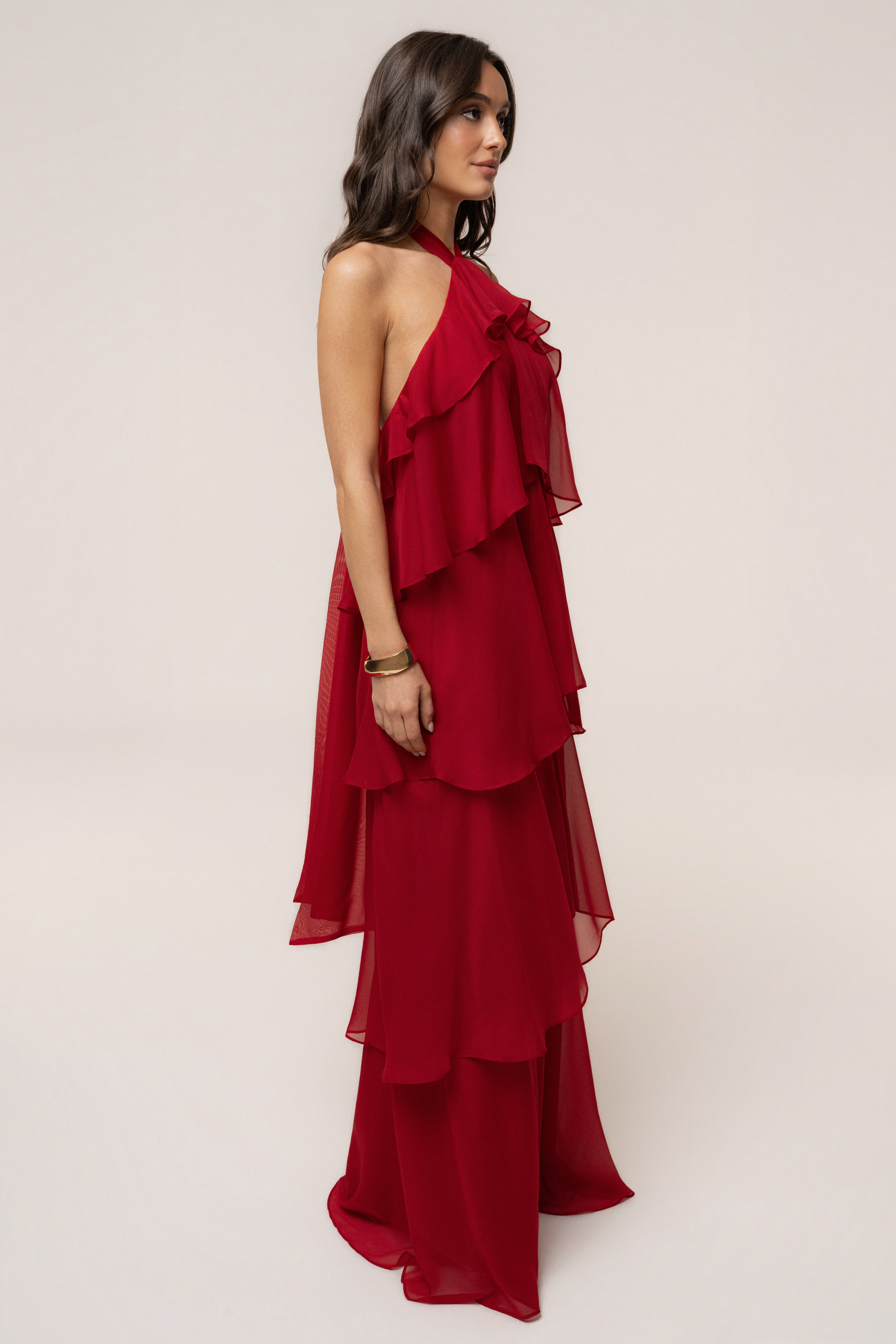 Red JLUXLABEL maxi dress with cloud pattern, flowing fabric, and sleeveless design, ideal for summer or casual occasions.