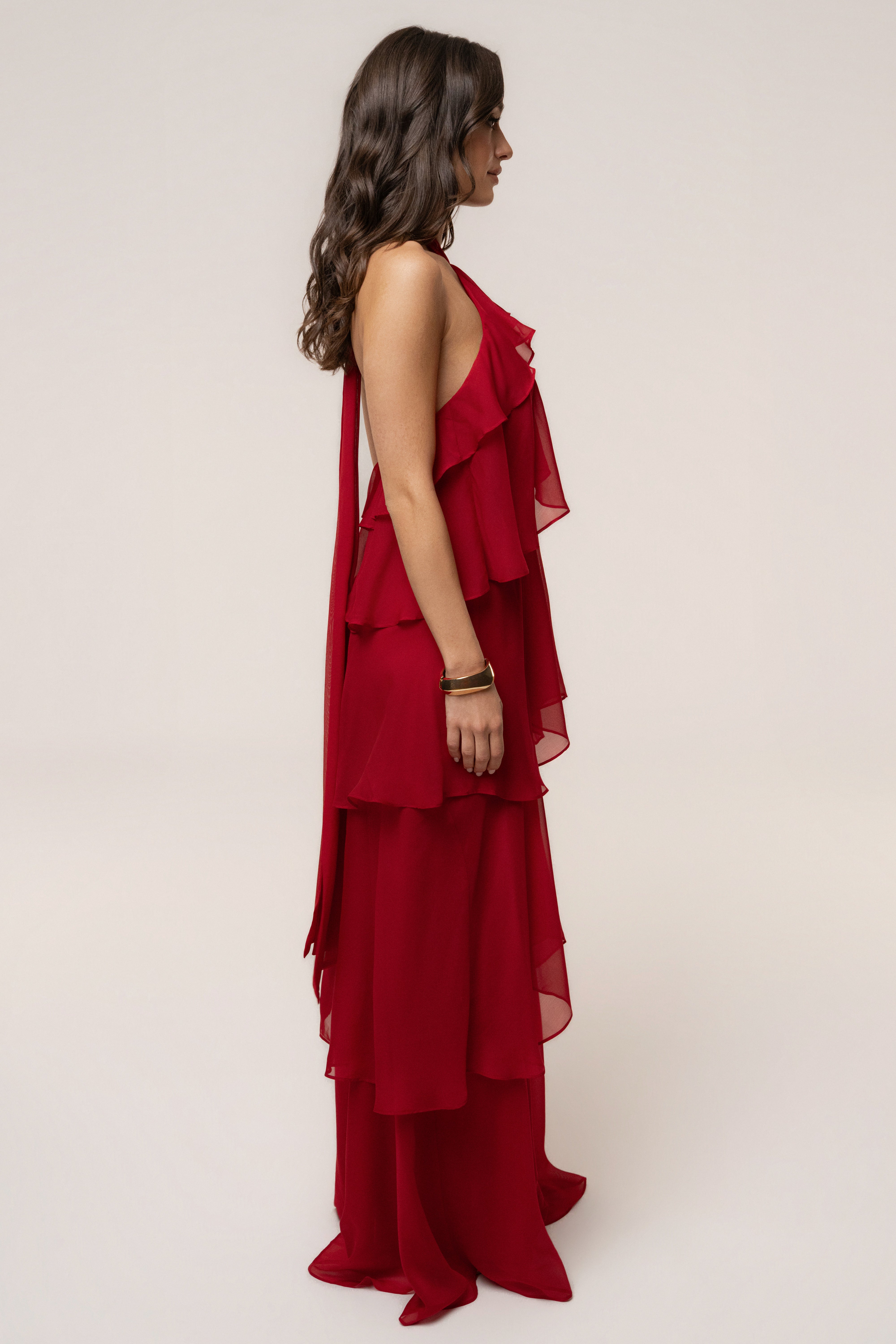 Red JLUXLABEL maxi dress with cloud pattern, flowing fabric, and sleeveless design shown in this elegant dress image.