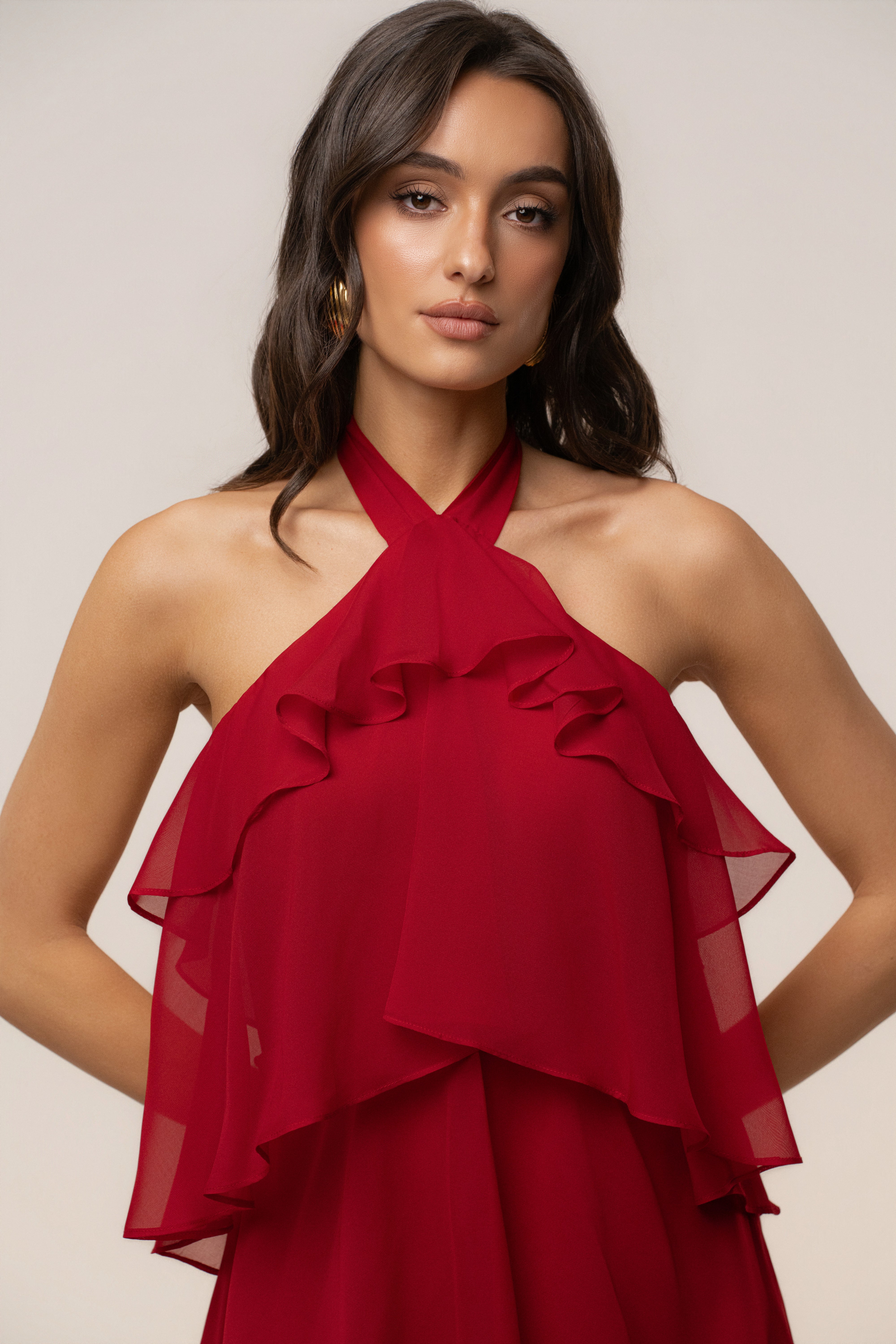 Red JLUXLABEL maxi dress with cloud-inspired print, flowy fabric, and sleeveless design perfect for summer or casual occasions.