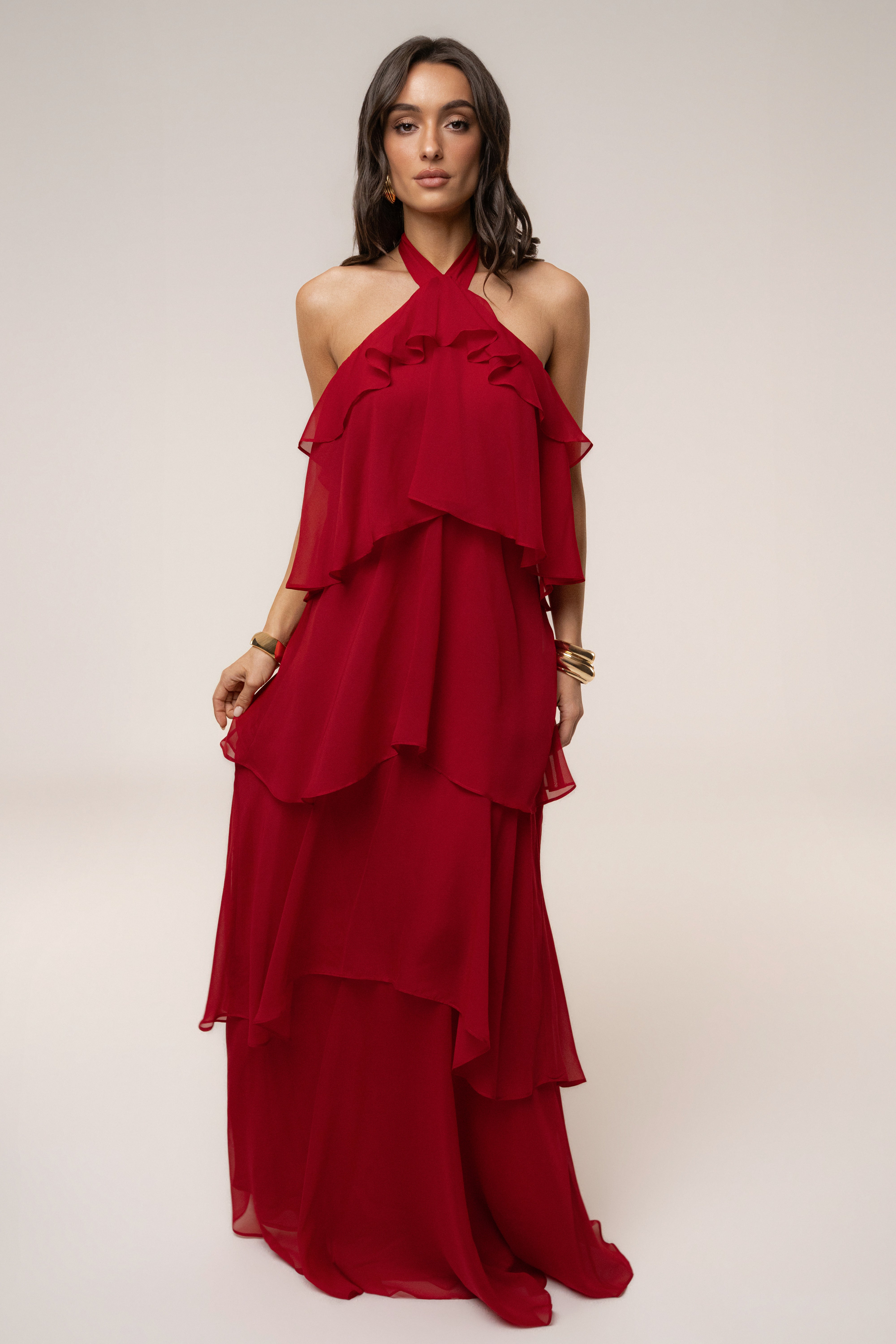 Red JLUXLABEL maxi dress featuring a cloud print, flowy fabric, and sleeveless design ideal for summer or casual occasions.