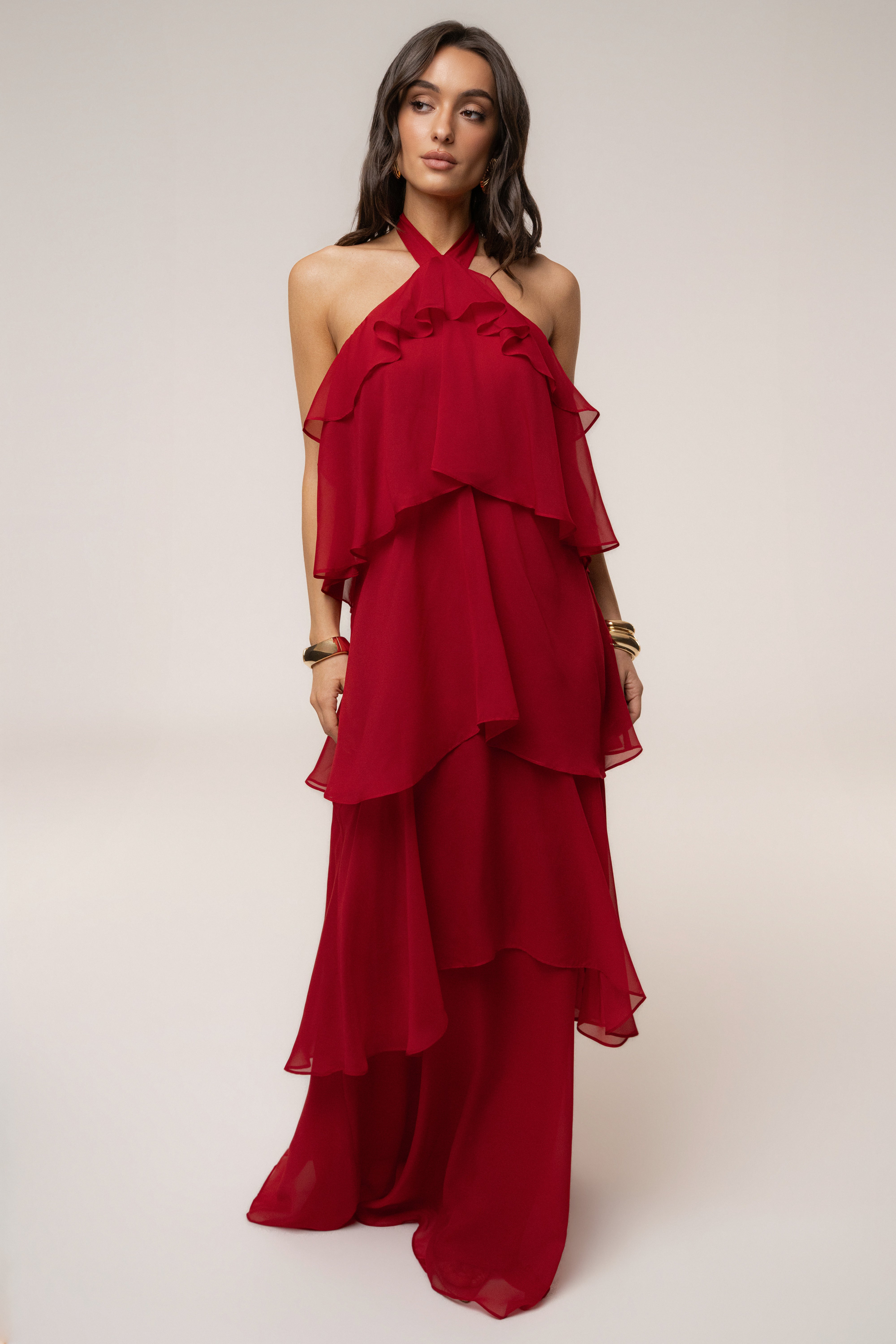 Red JLUXLABEL maxi dress featuring a cloud-inspired design, flowing fabric, and elegant style perfect for summer or special occasions.
