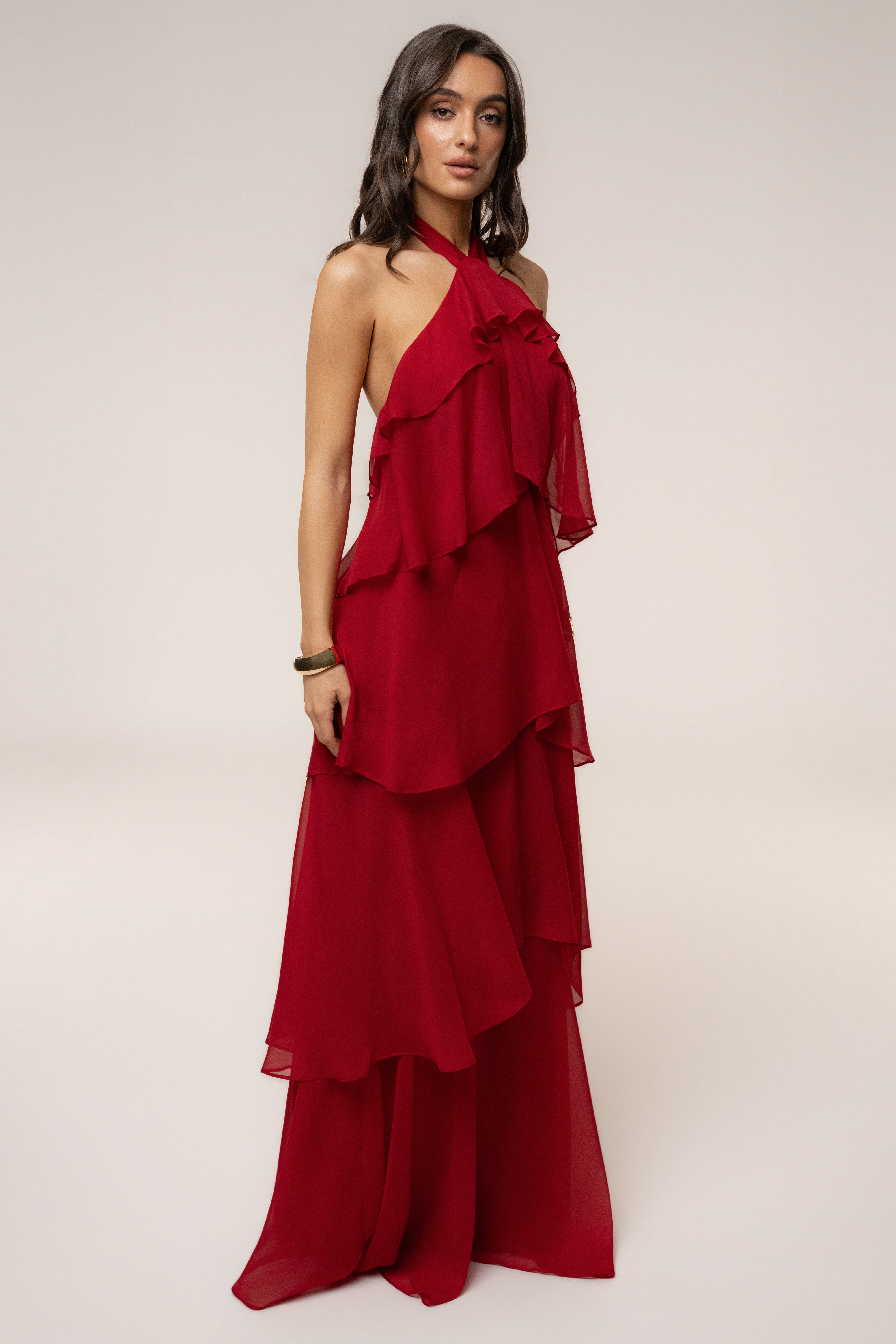 Red JLUXLABEL maxi dress featuring a "Head In The Clouds" design, flowing fabric, and stylish sleeveless silhouette.