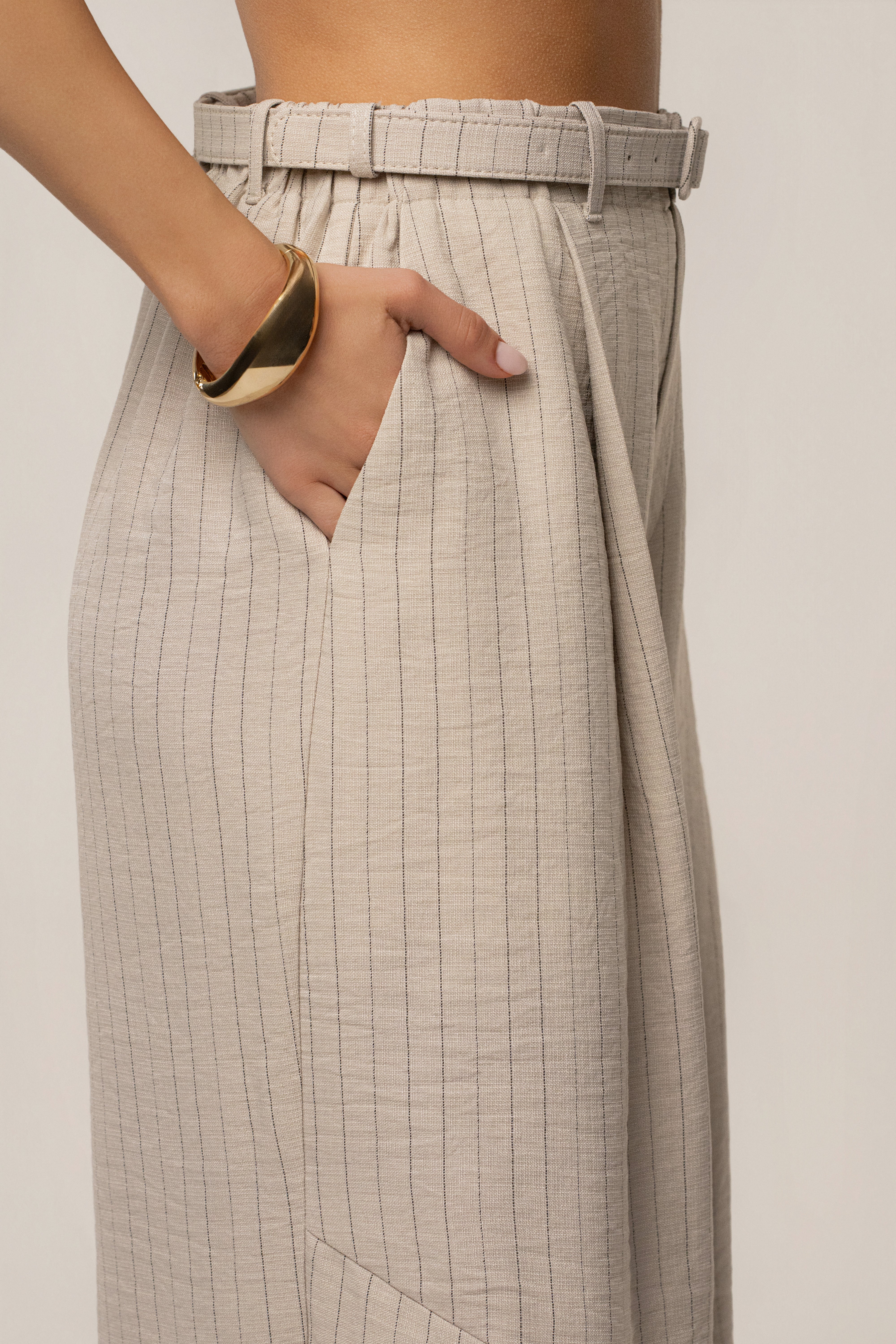 Beige JLUXLABEL Power Pinstripe Pant Set with tailored blazer and matching wide-leg trousers, stylish and professional.
