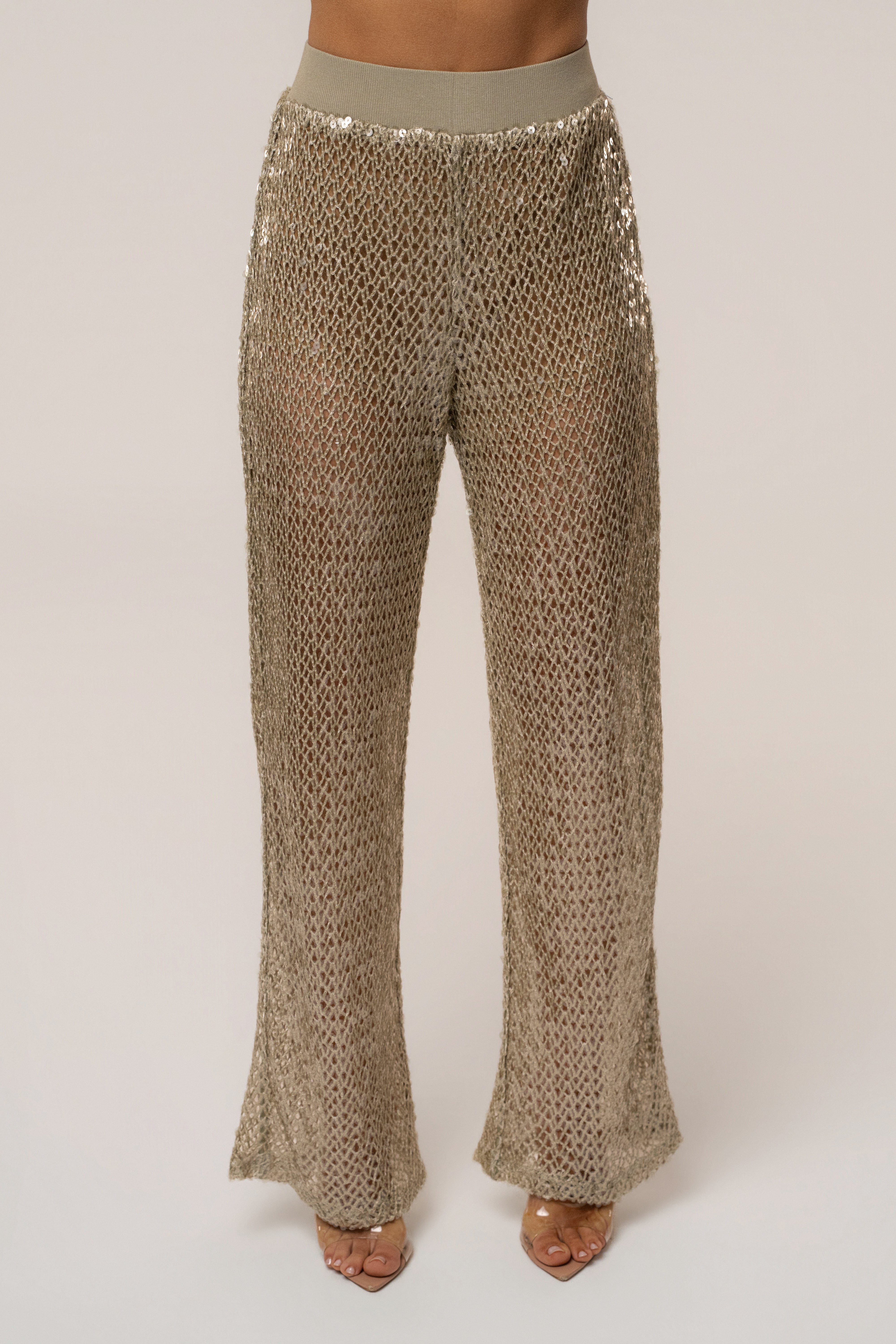 Sage green JLUXLABEL High Seas Sequin Pant showing fitted style and sequin embellishments on the bottoms.