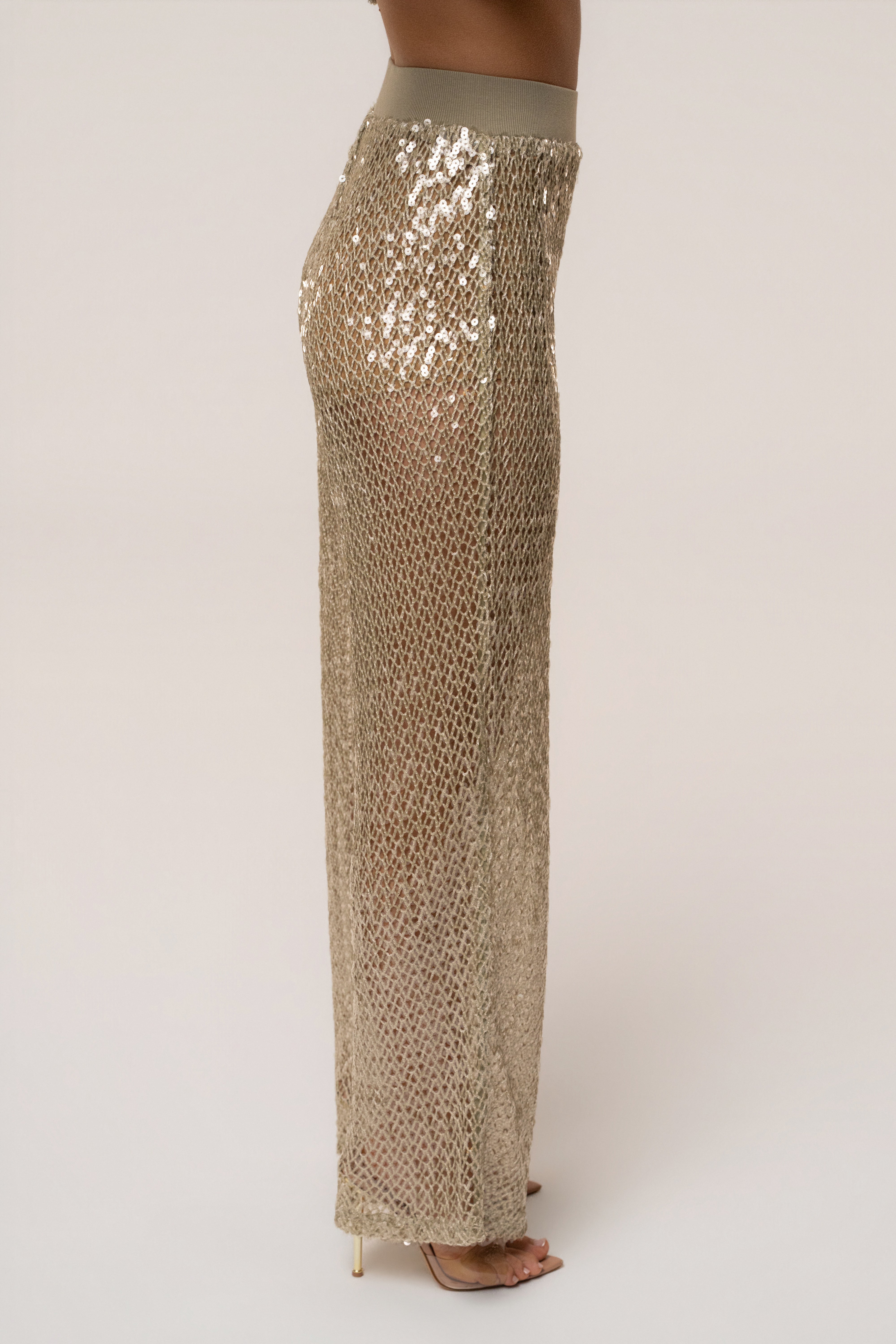 Sage green JLUXLABEL High Seas Sequin Pant, stylish bottoms with shimmering sequin details, perfect for festive occasions.
