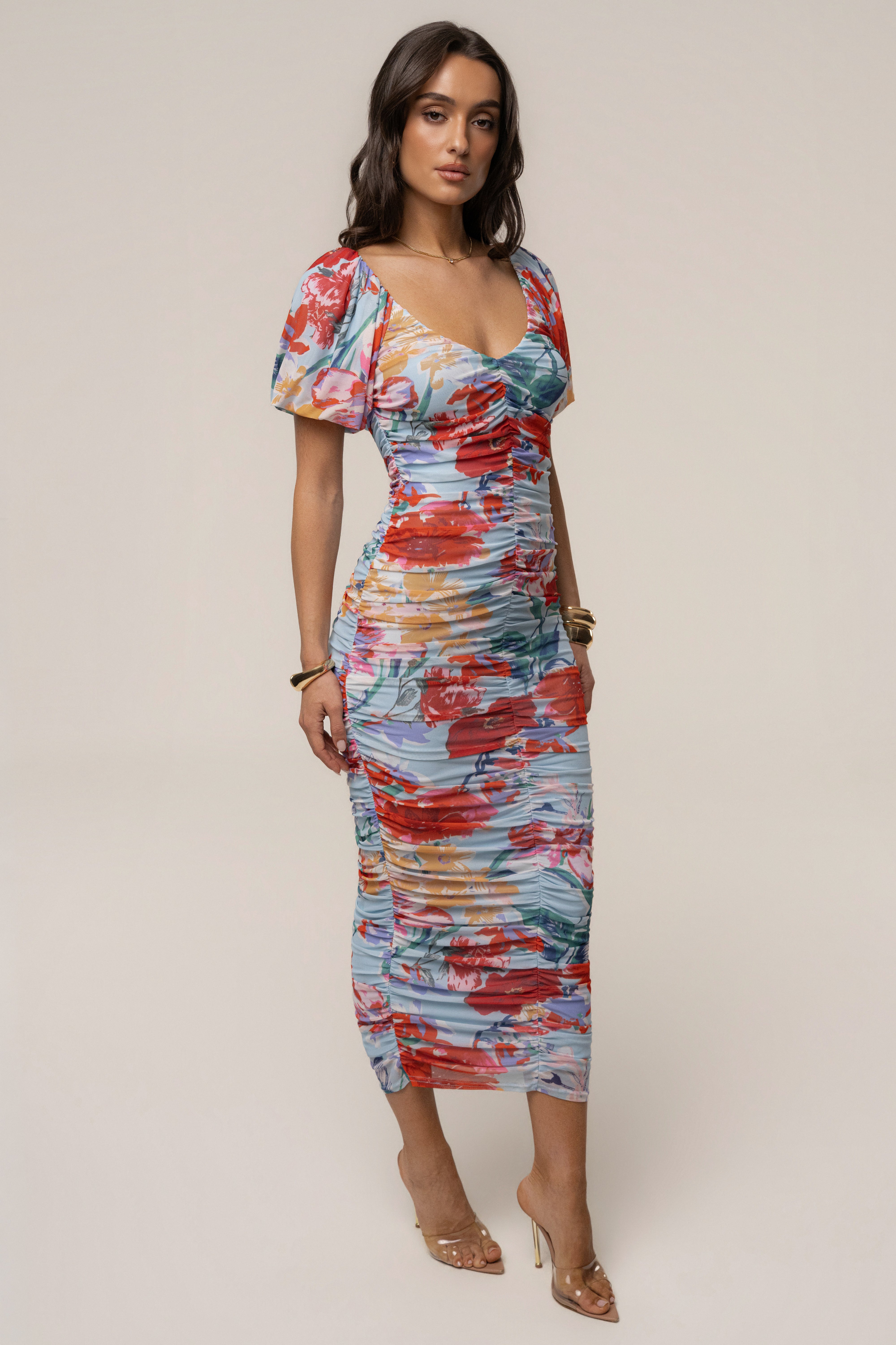 Blue garden bloom midi dress by JLUXLABEL featuring a floral pattern, sleeveless design, and flowing fabric.