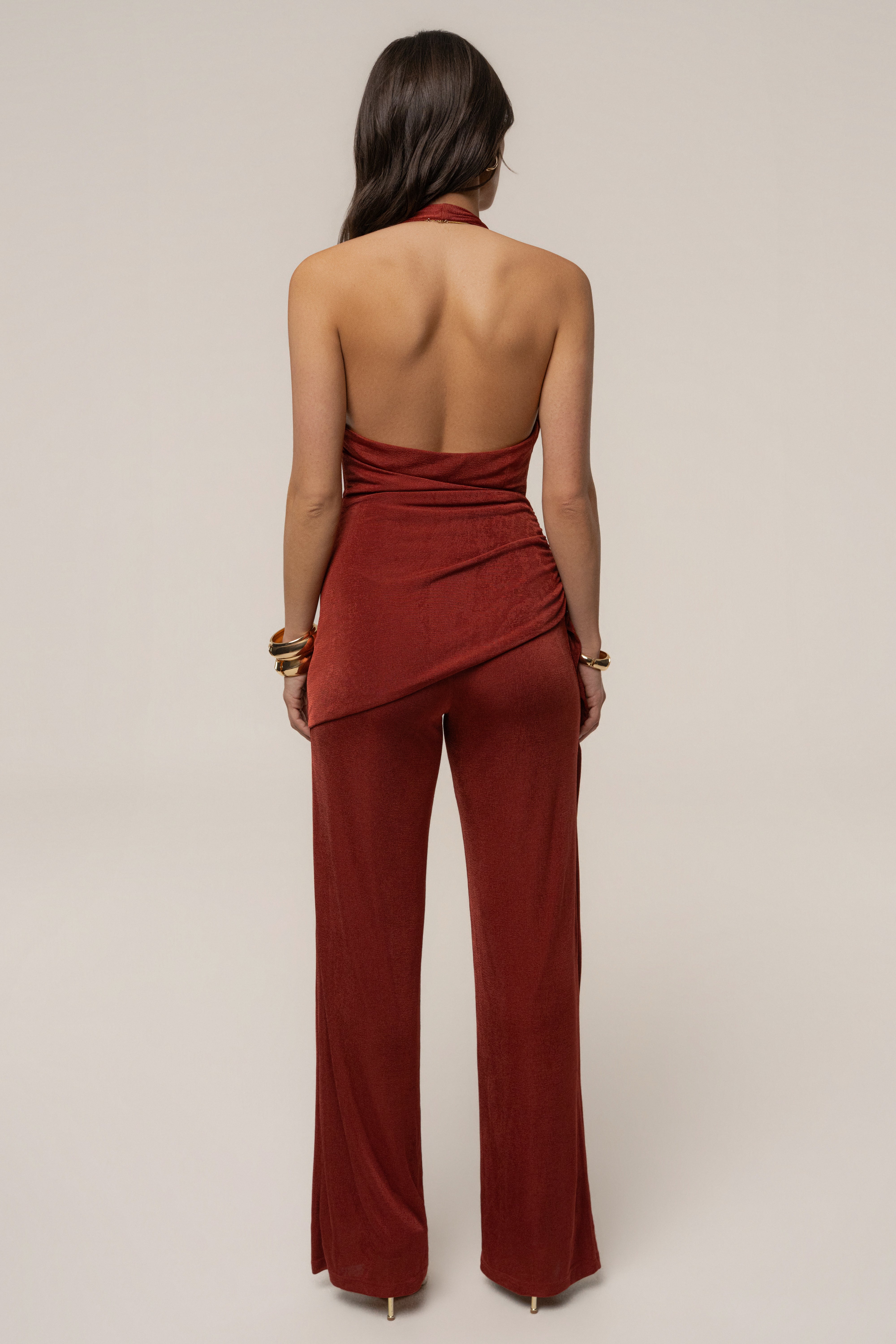 Rustic charm terra cotta halter jumpsuit by JLUXLABEL, featuring a stylish halter neckline and relaxed fit, perfect for casual wear