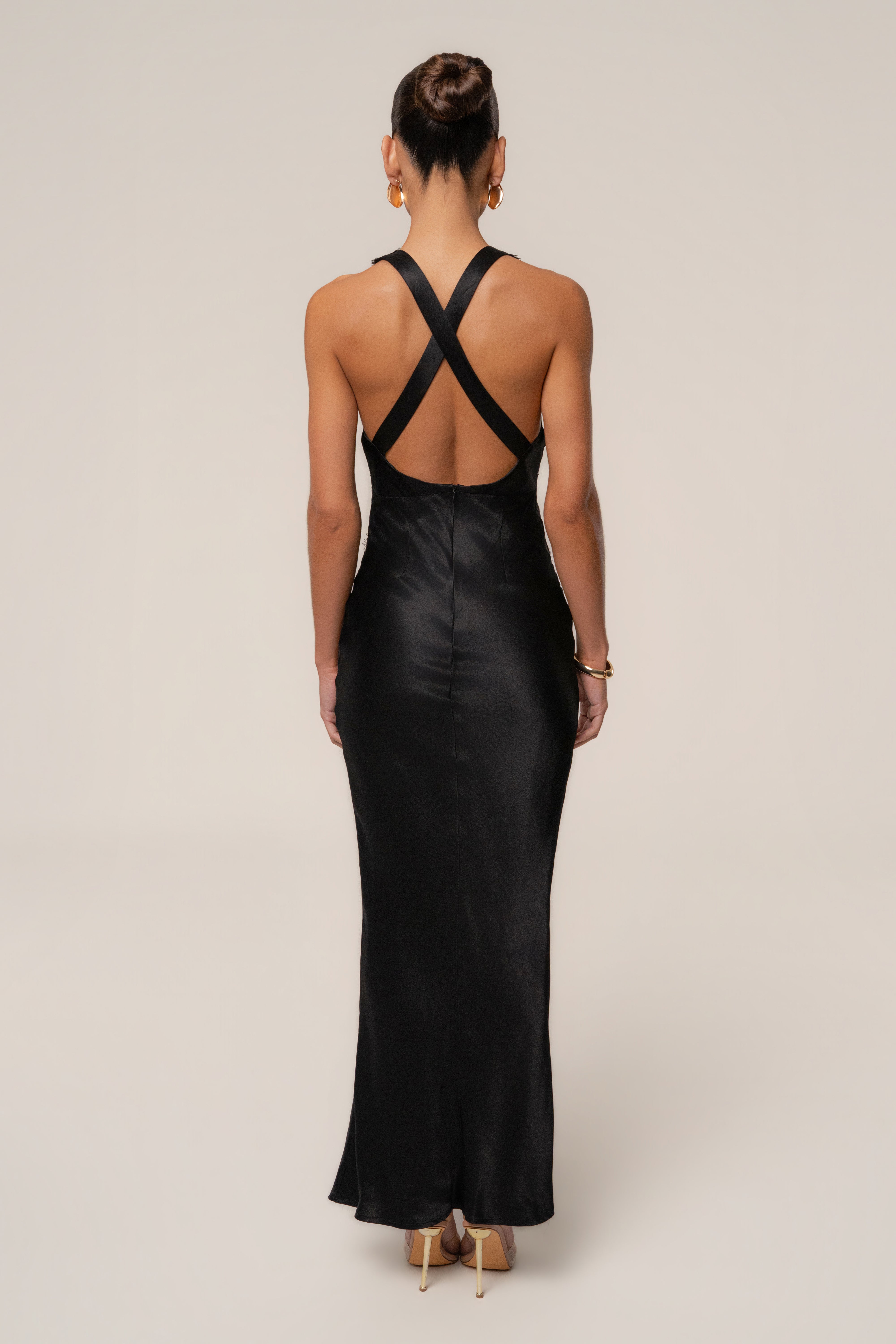 black satin backless maxi dress Black Satin Evenings Maxi Dress