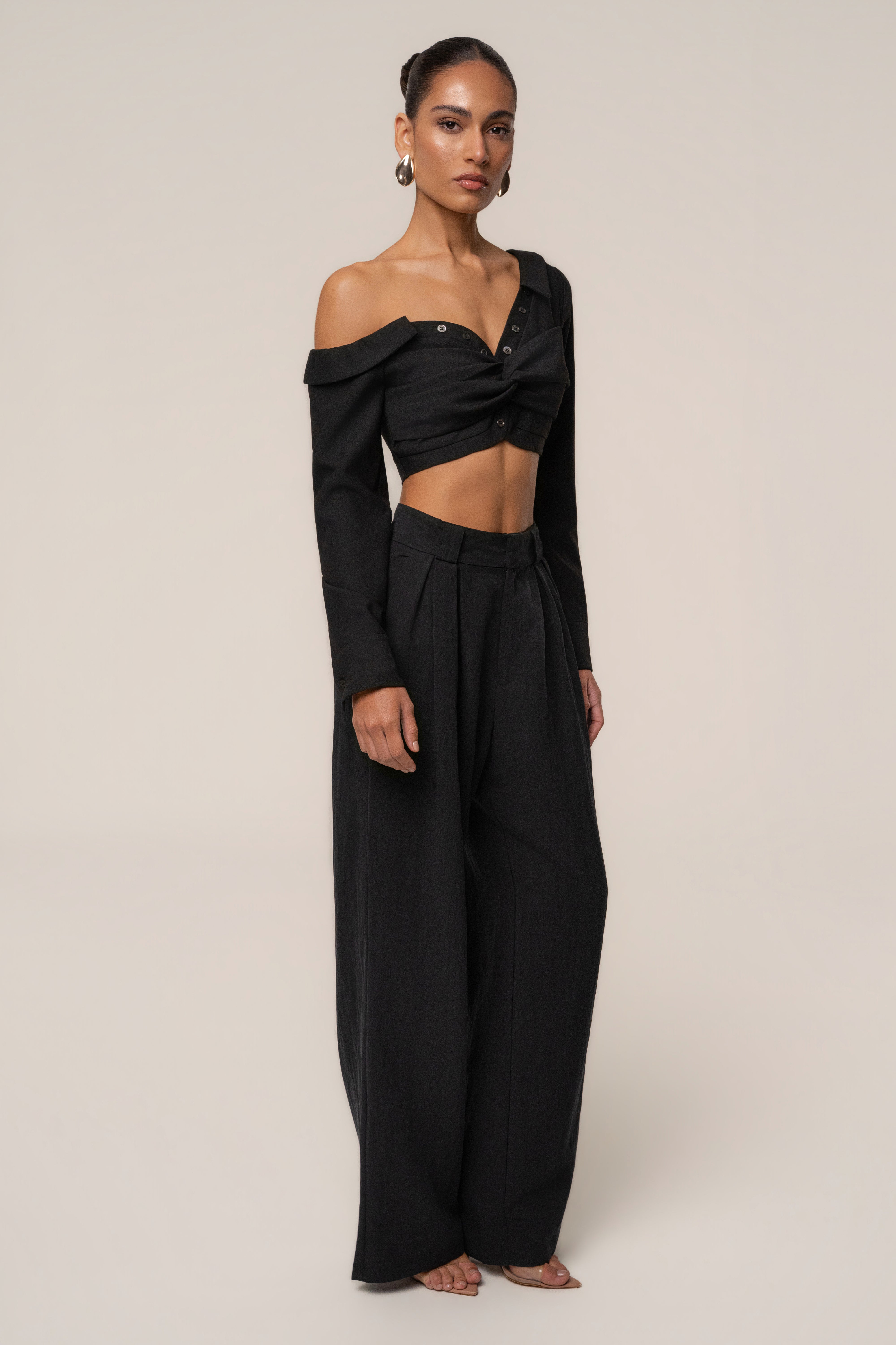 Black Off-Shoulder Twist Crop Top