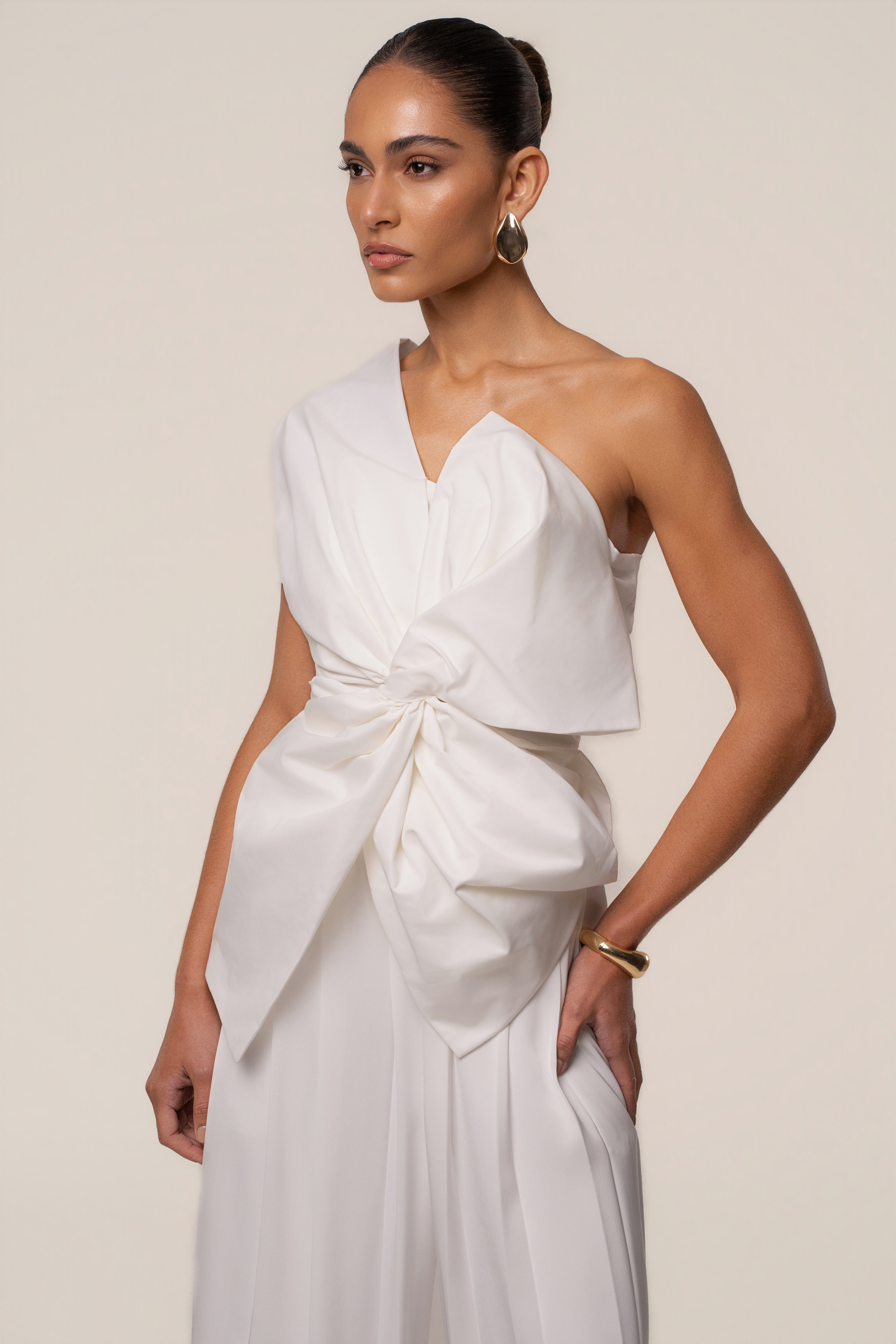 White JLUXLABEL art-inspired blouse, stylish top with unique design details, perfect for casual or dressy occasions.