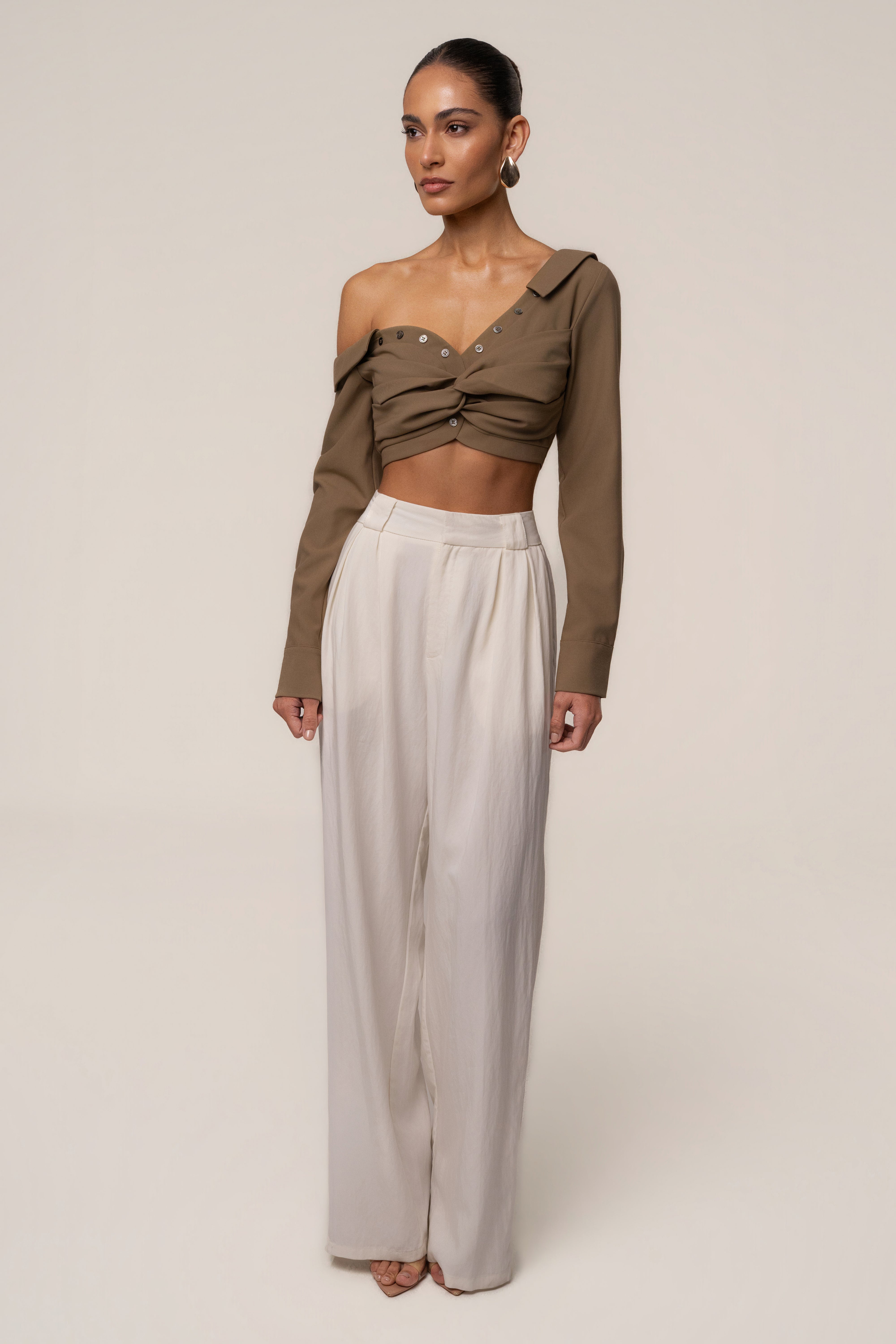 Olive Off-Shoulder Twist Crop Top - JLUXLABEL